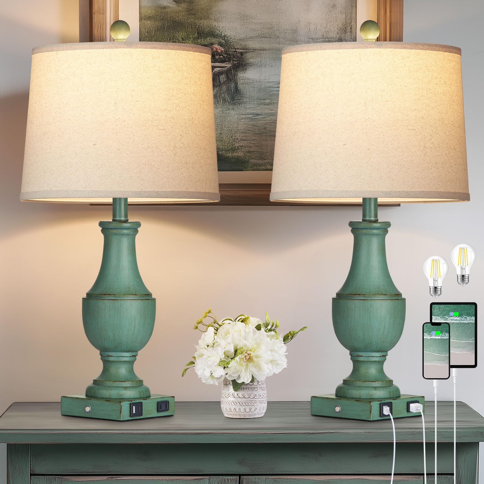 Rinweey Farmhouse Table Lamp Set Of 2, Rustic Touch Control 3-Way Dimmable Lamps With Usb A+C Charging Ports & Ac Outlet, Vintag