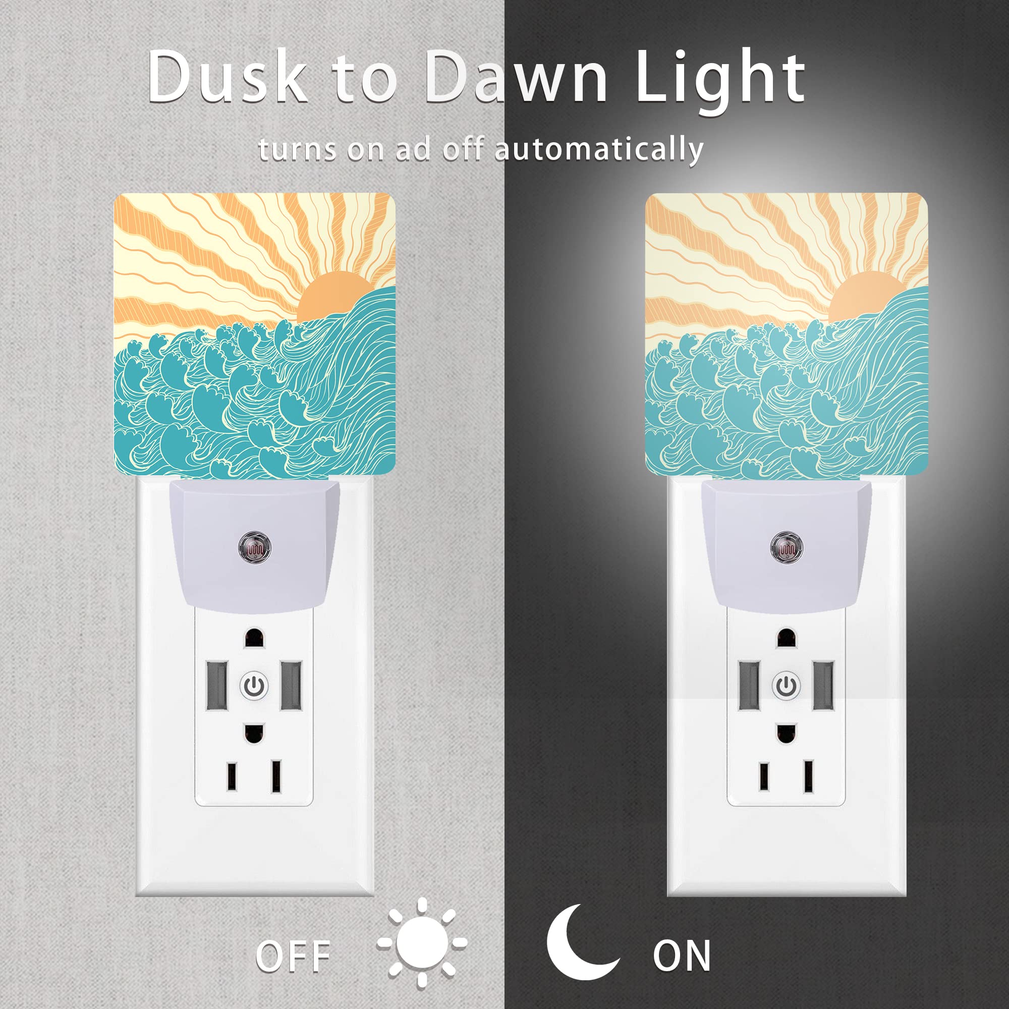 Oeaskly Waves Night Light,Sea Landscape Sun Plug-In Night Lights With Dusk-To-Dawn Sensor For Women/Girls/Boys Gift Sleep Friend