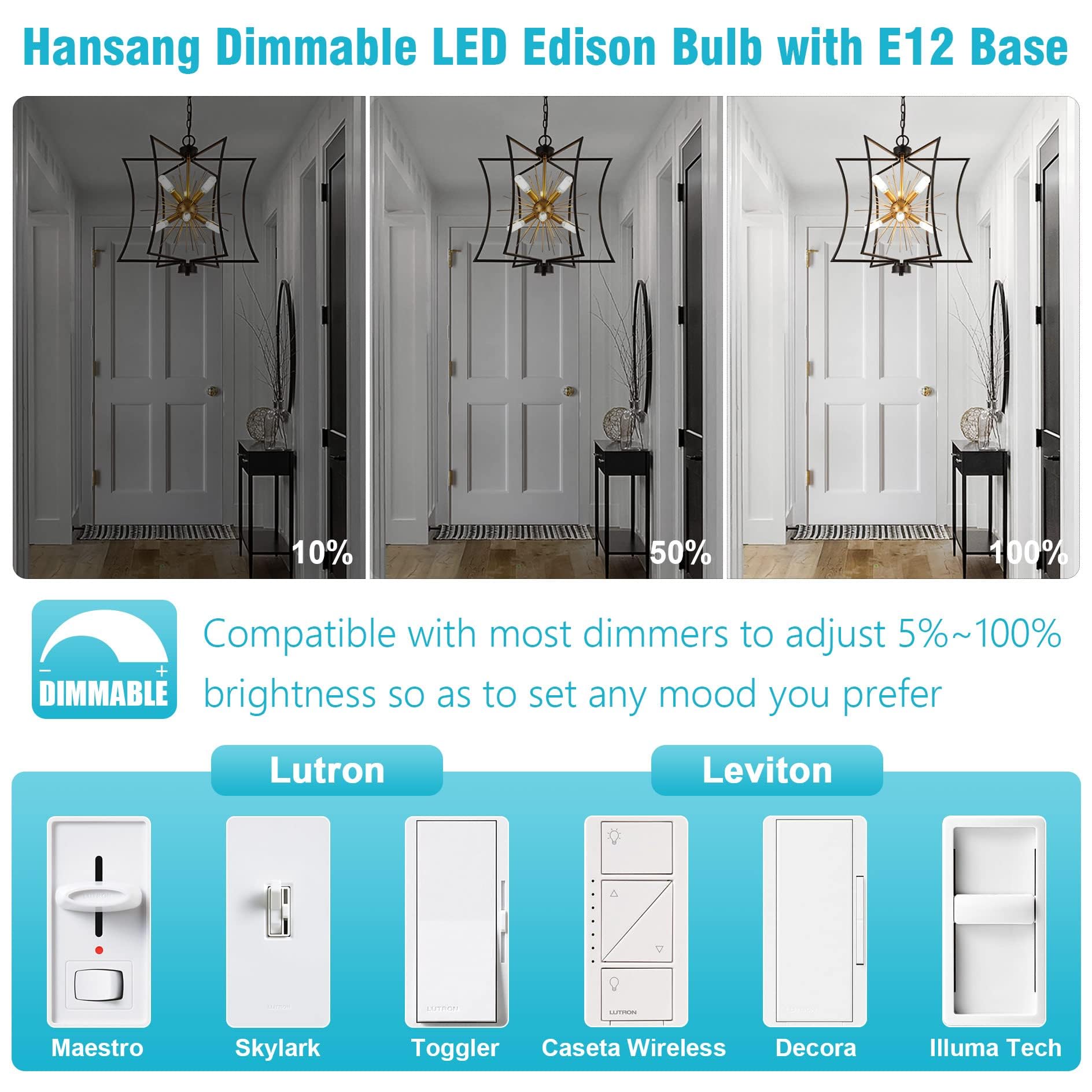 Hansang E12 Edison Chandelier Bulbs, Candelabra Base Led, 40W Equivalent, 5000K Daylight, Dimmable T6 Tube Shape Filament Candle
