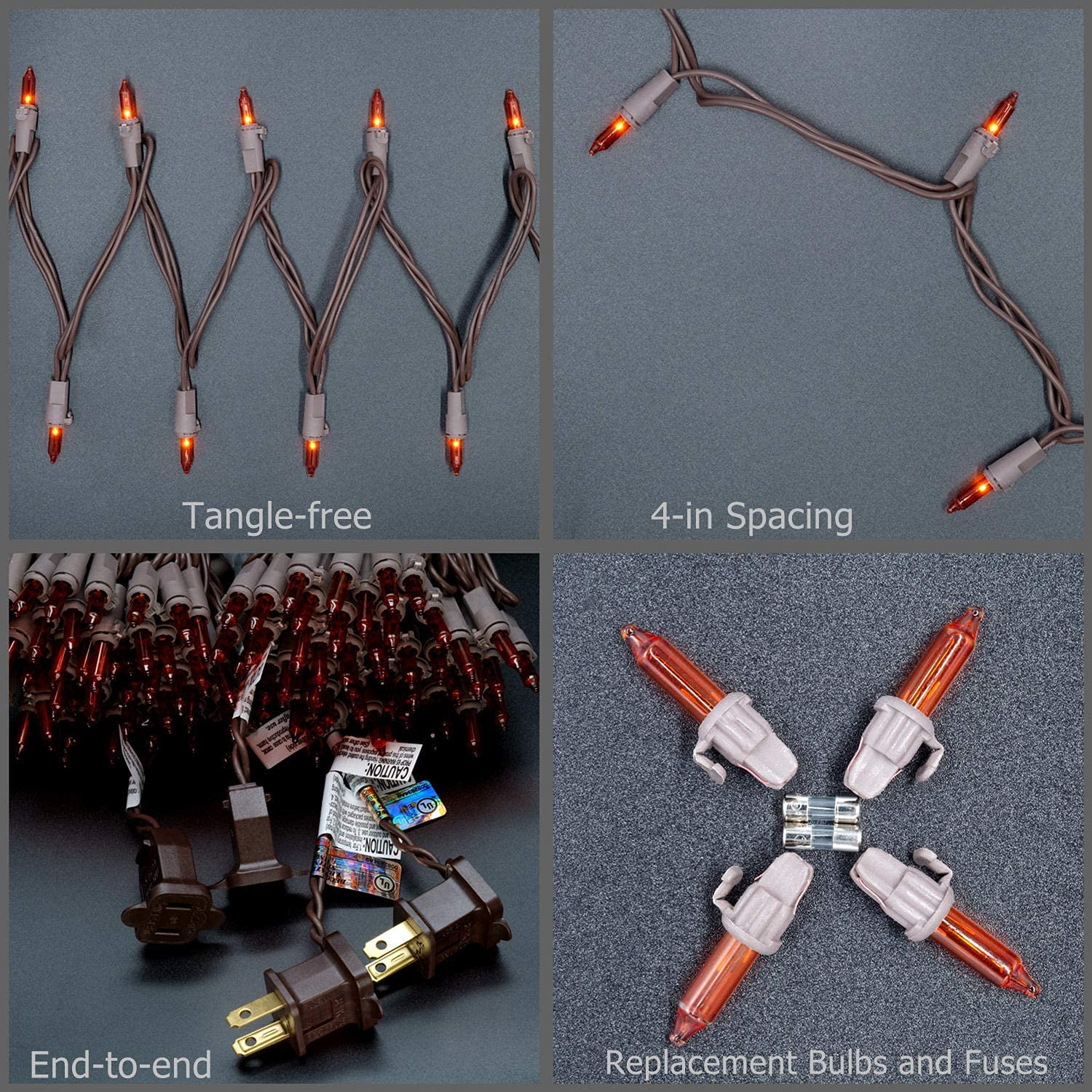 Yuletime 66 Ft Orange Christmas Lights, 200 Count Mini String Lights, Ul Certified, Amber Incandescent, Brown Wire, Pack Of 2