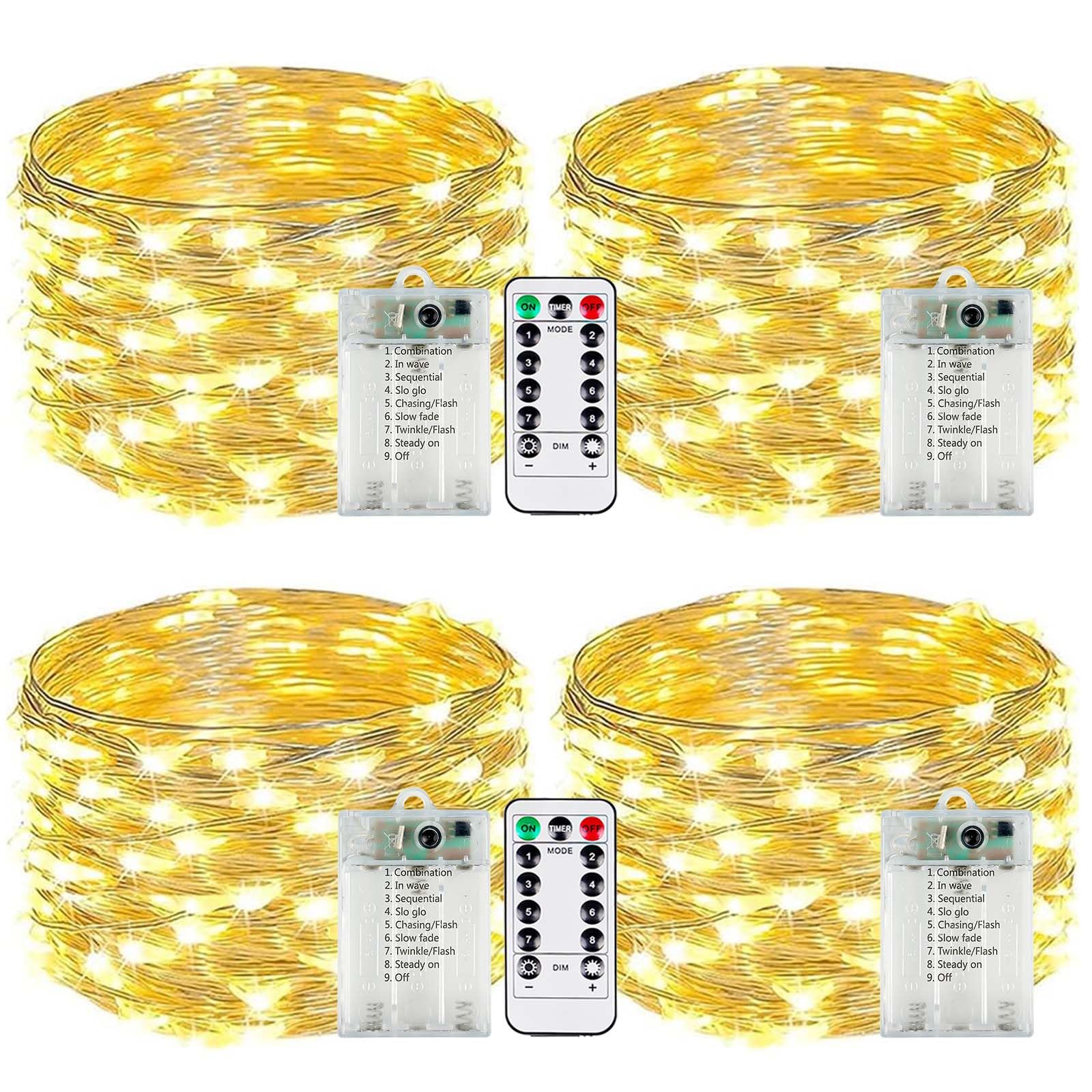 EXF 4-Pack Battery Operated Fairy Lights, 50 LEDs, Warm White, Remote & Timer, Waterproof, 16 FT, Model YHY-BO50LED