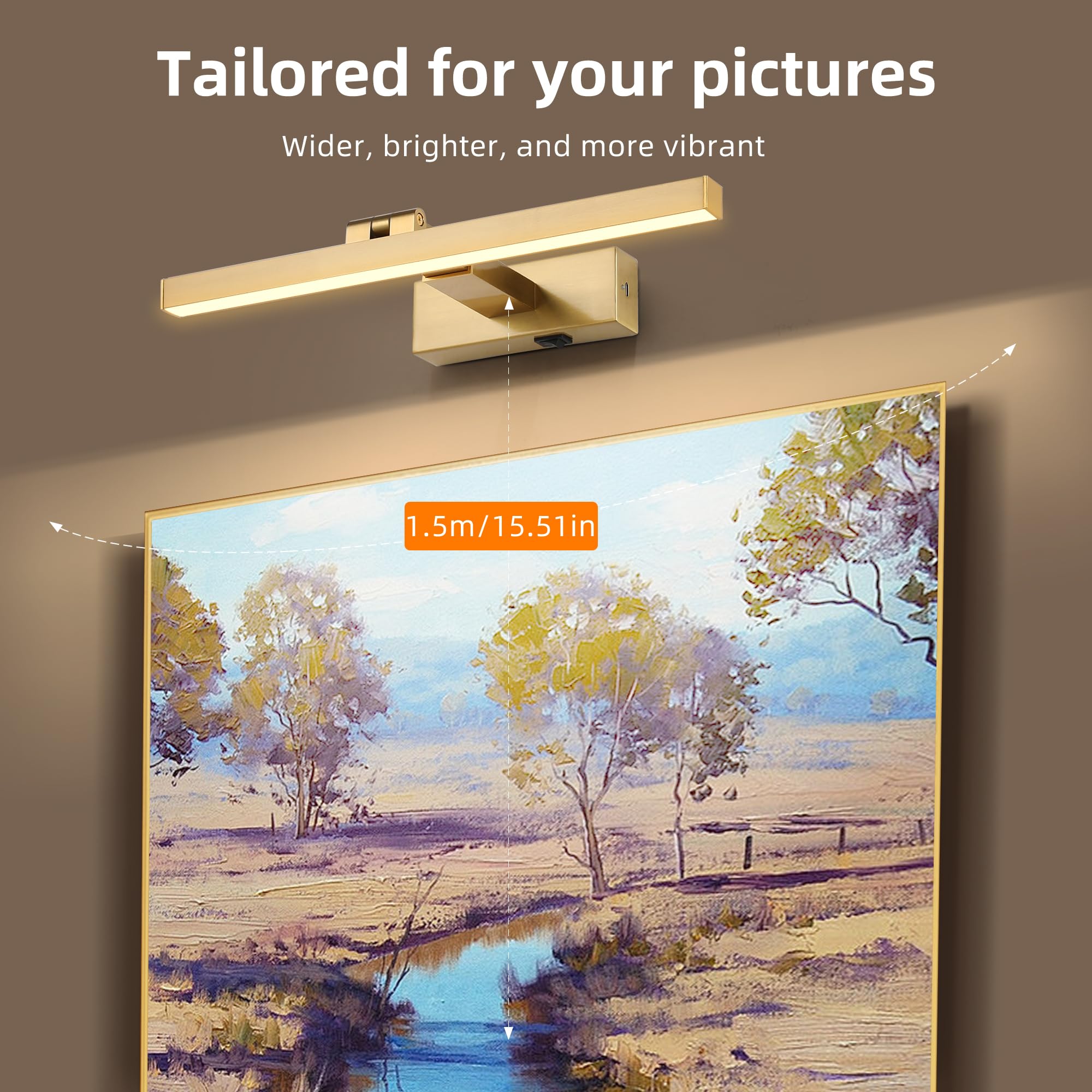 Zitostory Battery Operated Picture Lights For Wall Dimmable Wireless Art Lights For Paintings Adjustable Wall Sconce With Remote (Brass, 16Inch)