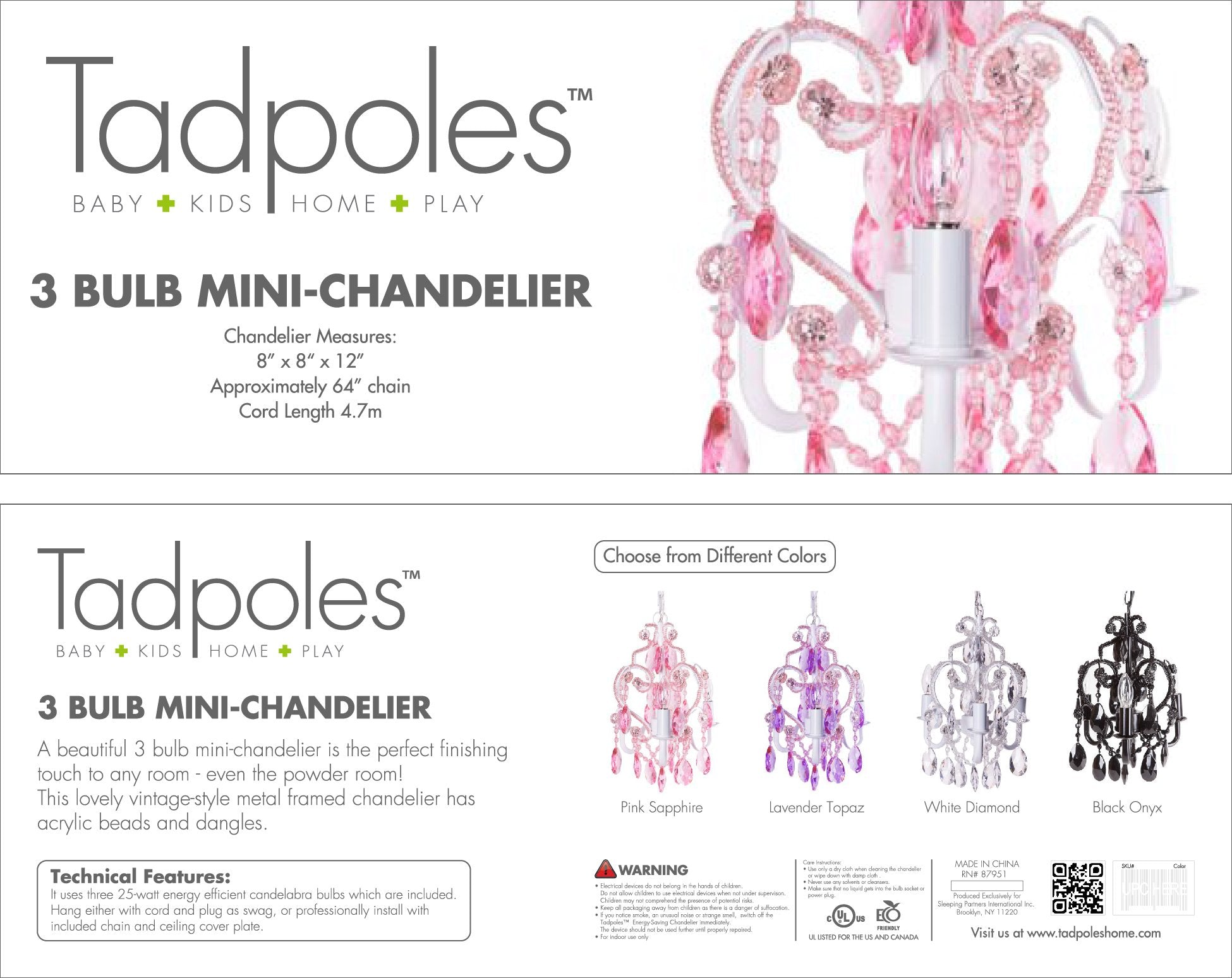 Tadpoles Mini 3-Bulb Vintage Chandelier - Pink Sapphire | 8 x 8 x 10 | Plug-In or Hardwired | Uses Three 25-Watt E12 Candelabra