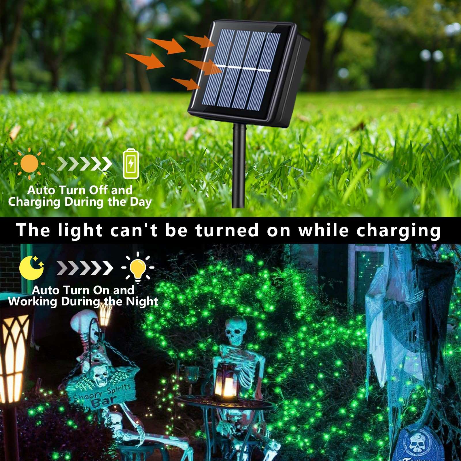 Qitong 2 Pack Green Solar Fairy Lights, Each 66Ft 200 Led Solar String Light, 8 Modes Silver Wire Solar Twinkle Mini Lights