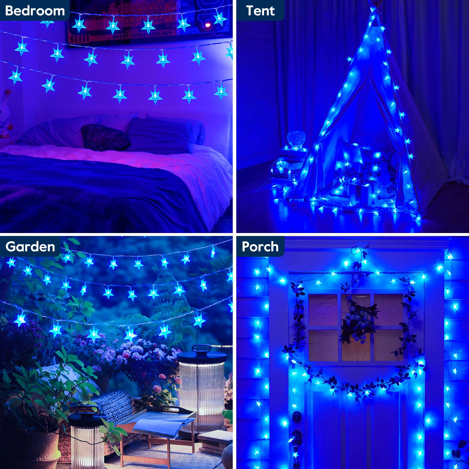 Minetom String Lights - 33 ft, 100 LED, Blue and White Star, Waterproof, Remote & Timer, 8 Modes for Tent, Patio, Balcony, Staircase