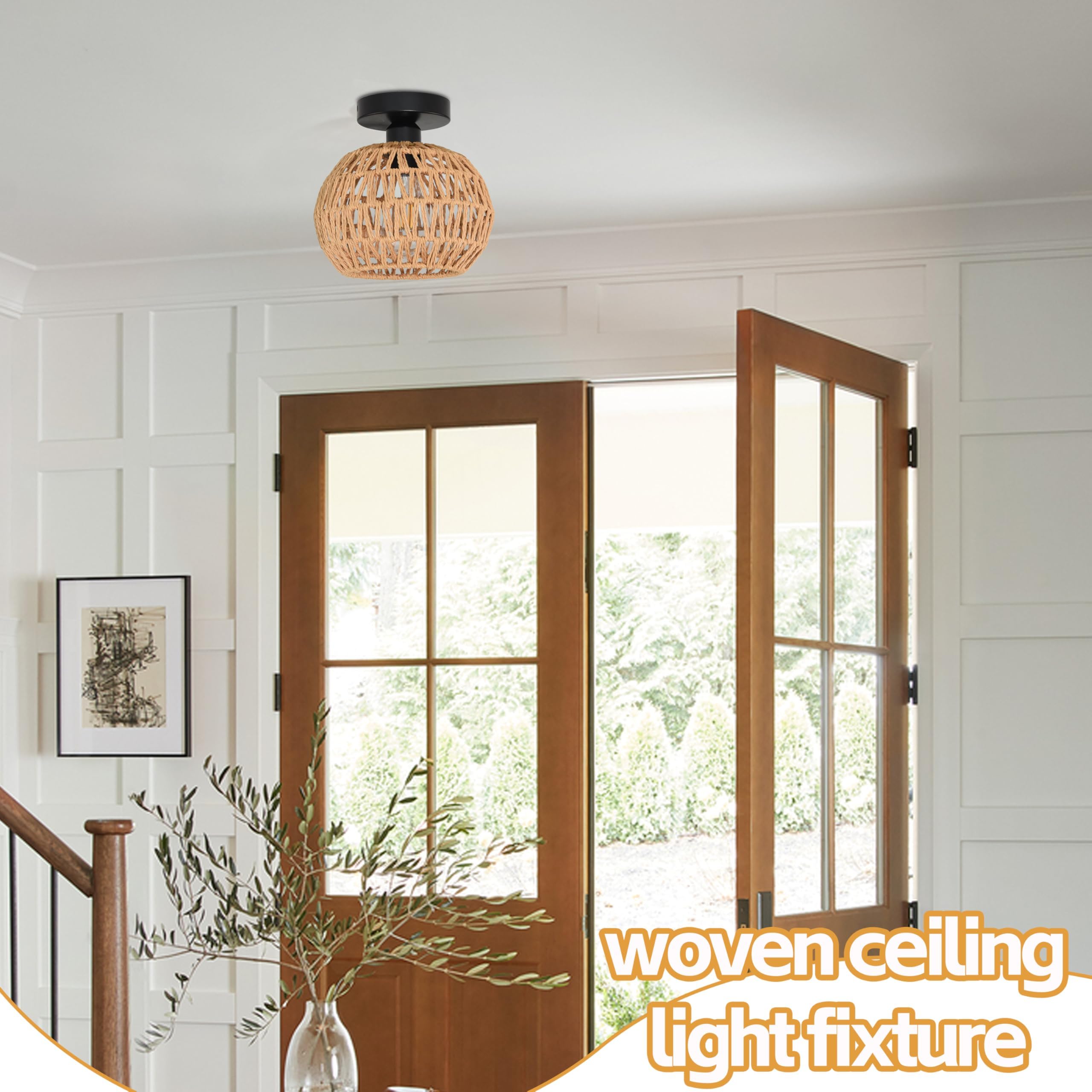 Ayshwilldec 8.7 Inch Mini Rattan Ceiling Light Fixture - Boho Wicker Flush Mount With Hand Woven Shade For Hallway Bedroom