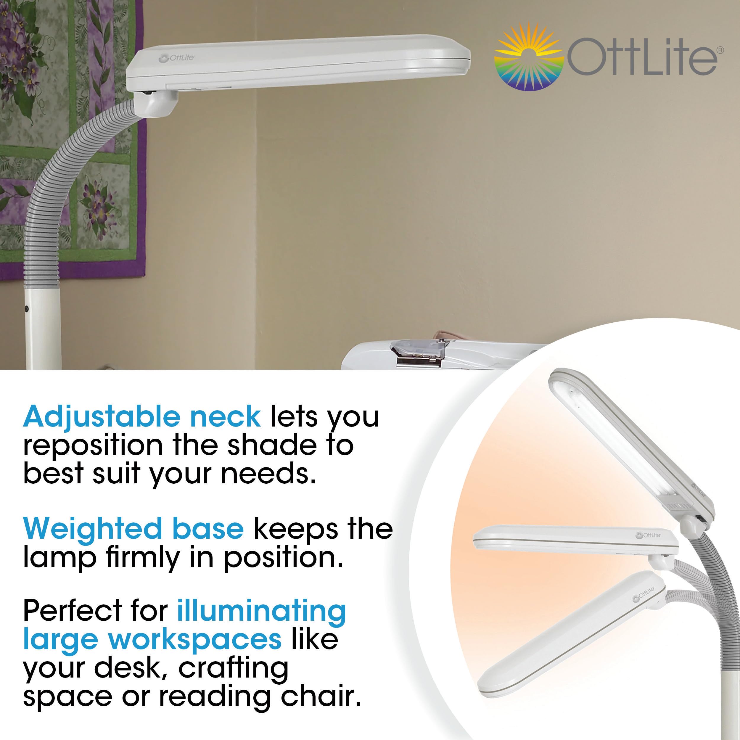 OttLite Standing Floor Lamp - Adjustable Neck, 24w Compact Fluorescent, Off-White, Large, Model L24554-SHPR for Home & Office