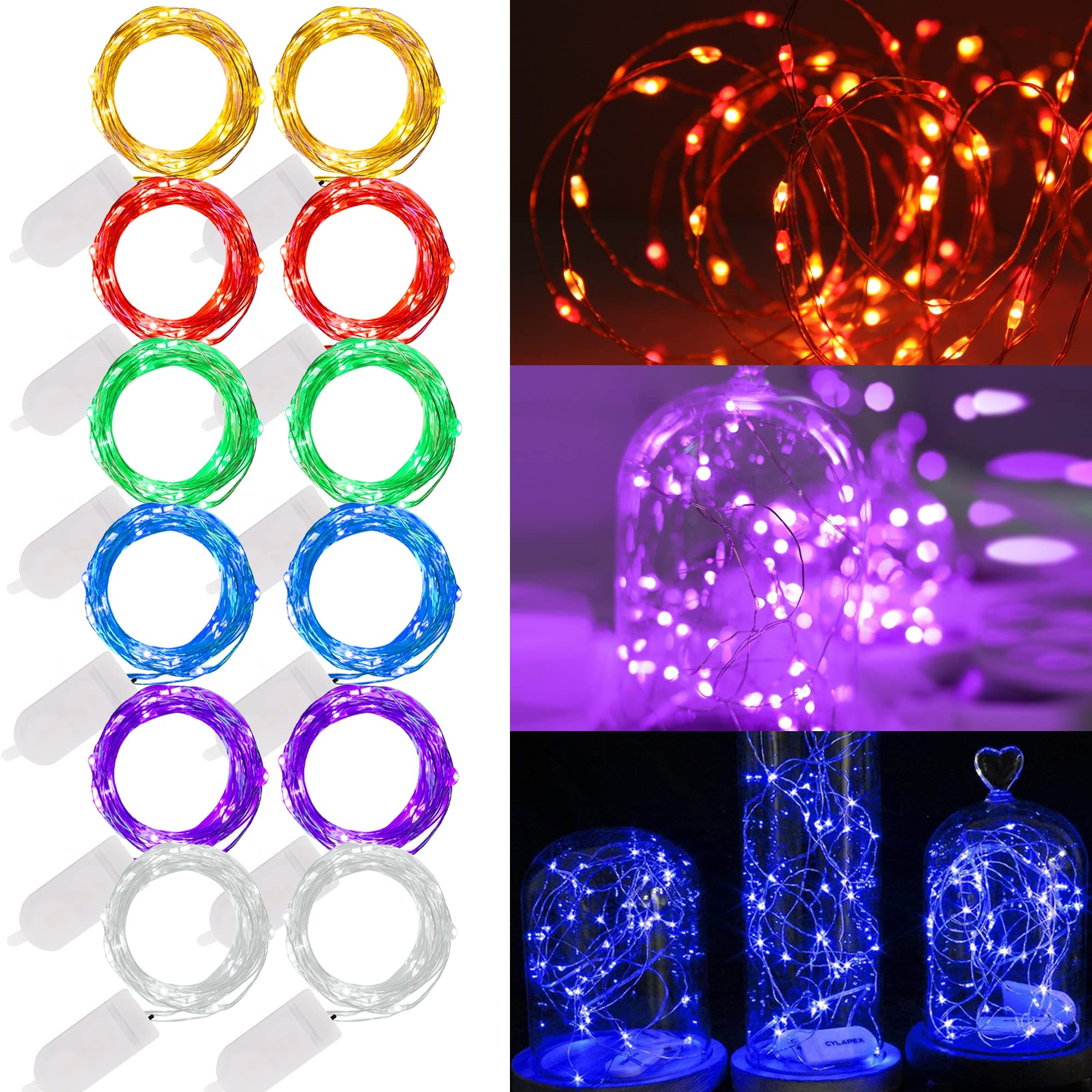 WATERGLIDE 12 Pack Battery Operated Fairy Lights, 6.5ft 20 LED Silver Wire, Waterproof, Multicolor for Wedding & Party Decor