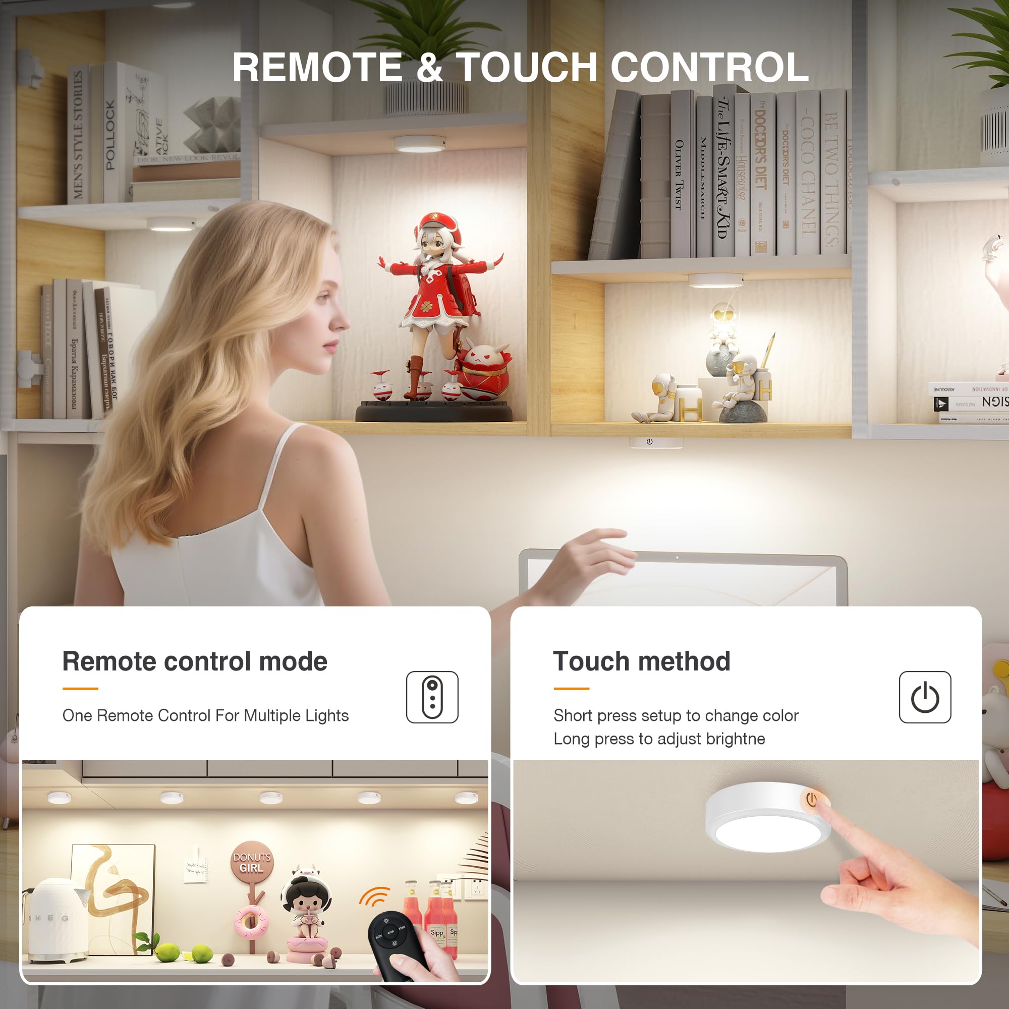 MICLIONLED Rechargeable Puck Lights with Remote Control, 3 Color Temperatures, White, 2 Pack, Model M3-G17, Plastic Material