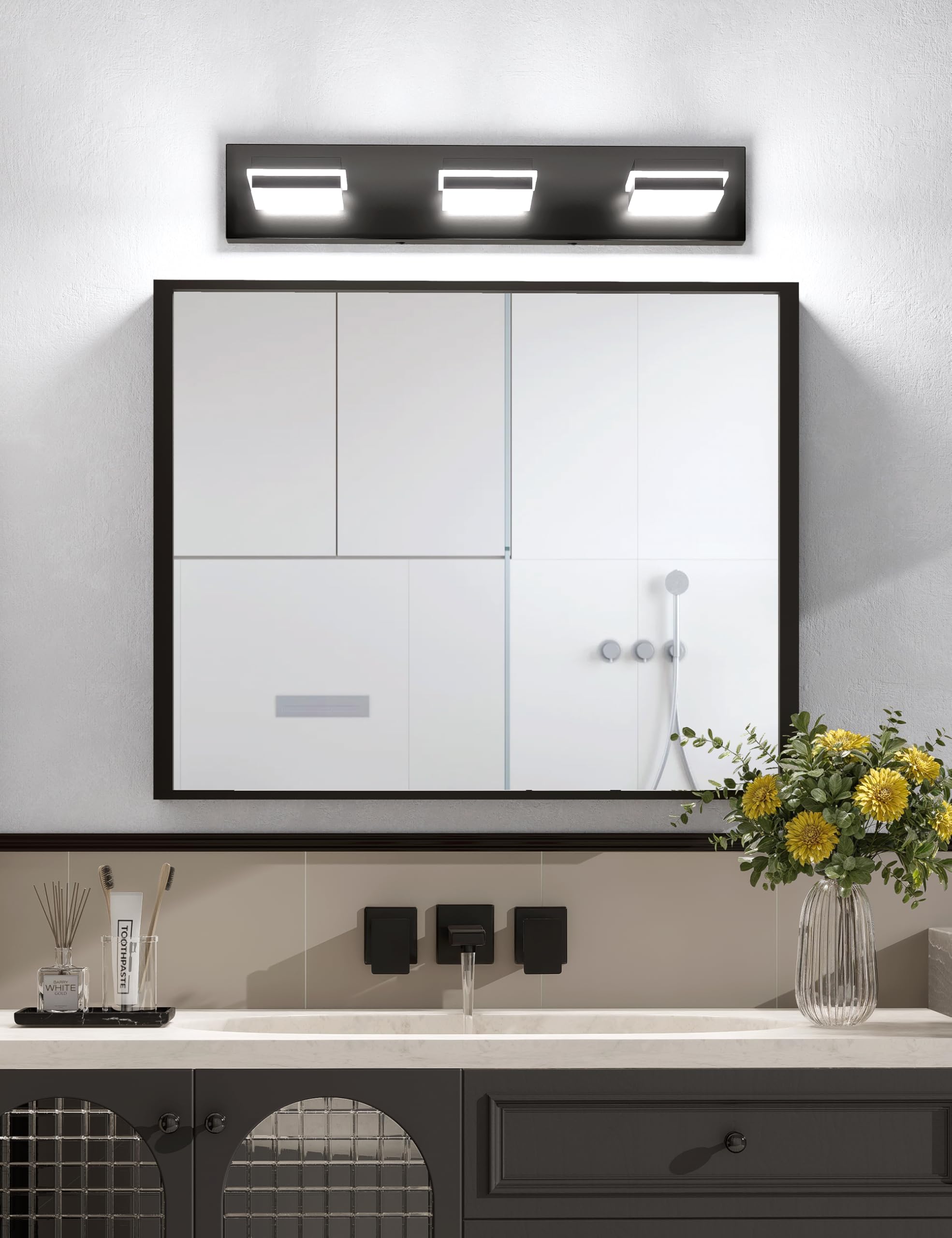 VOLISUN Bathroom Light Fixtures, 3-Light Dimmable LED Vanity Light, 24 Inch, 5CCT, 360° Rotatable, Black, Model 9553F