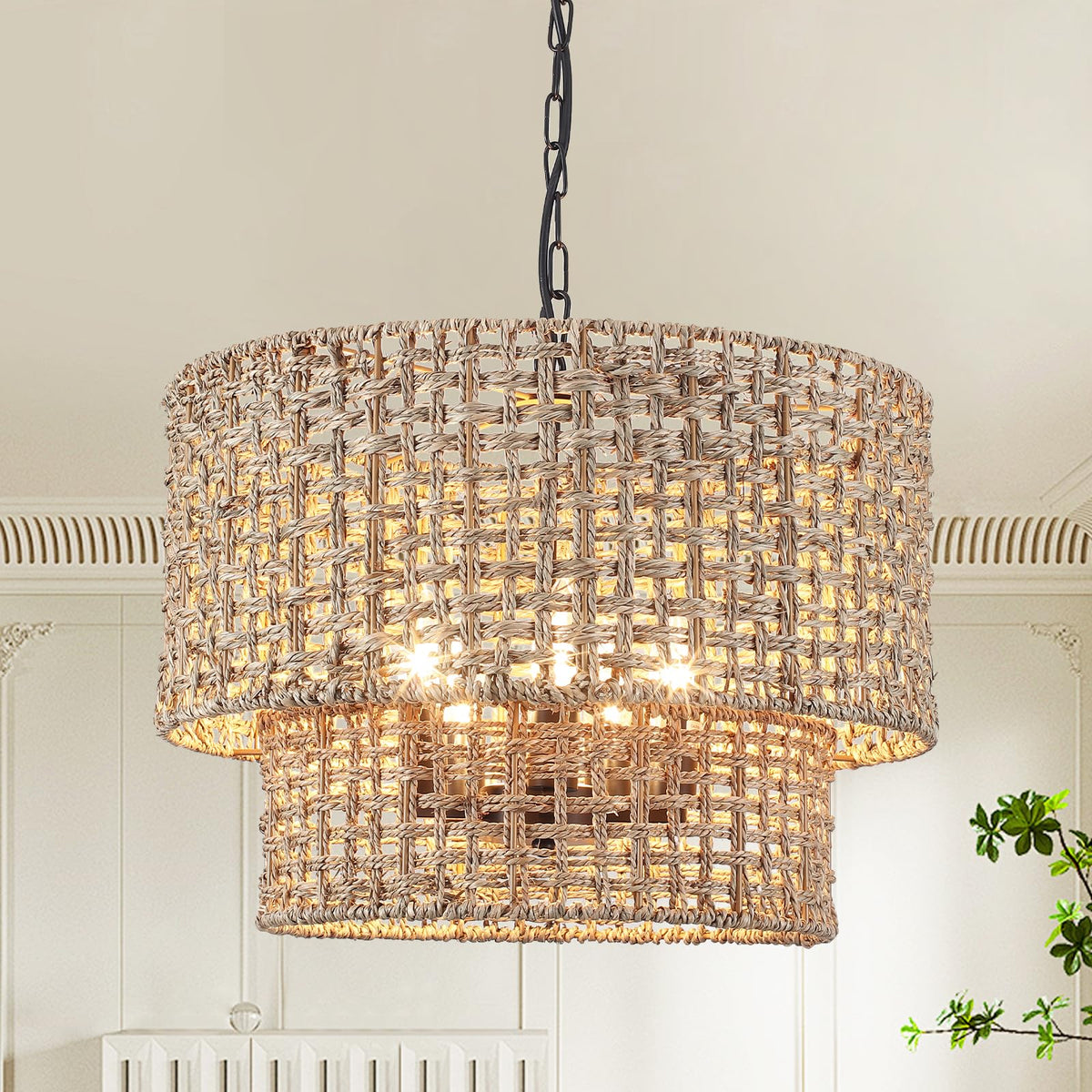 Rattan Farmhouse Chandelier Light Fixture, 5-Light Boho Chandeliers For Dining Room With Double Layer Wicker Lampshade, Rattan P