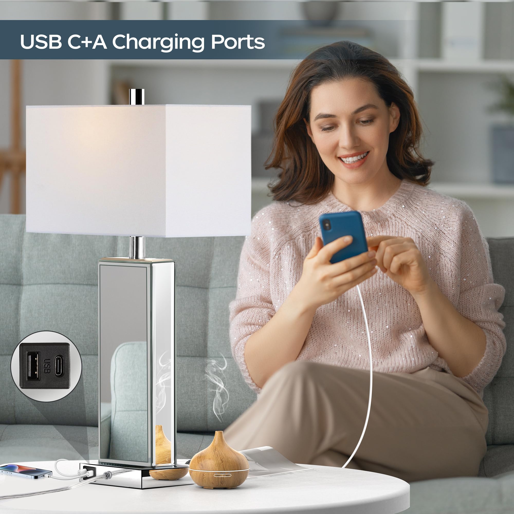 PARTPHONER Modern Table Lamp Set of 2 - Silver Crystal Touch Control, USB Ports, 3-Way Dimmable, White Shade, Model TL021B