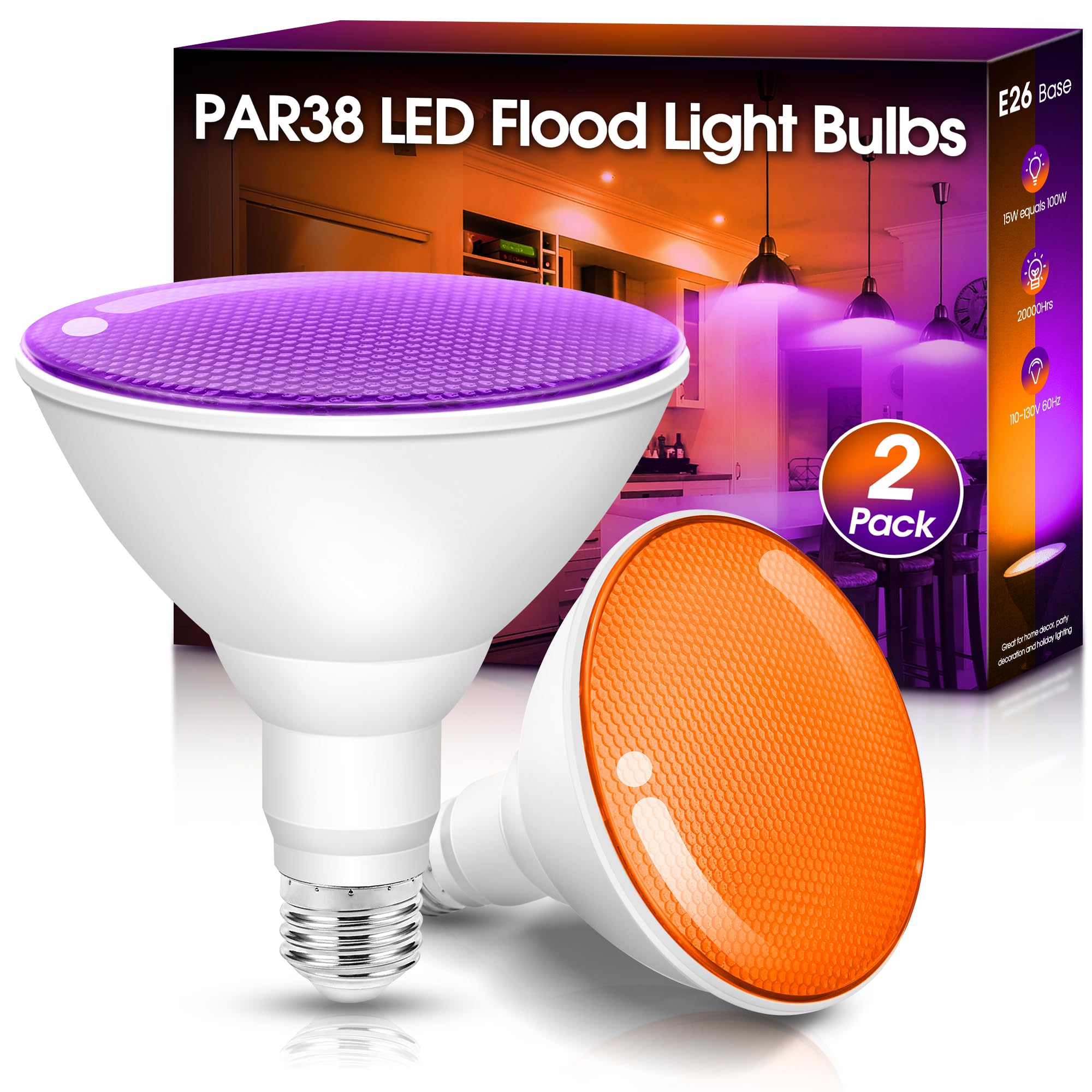 Fulighture 2 Pack Par38 Led Flood Light Bulbs, Orange & Purple, 15W For Halloween Decor