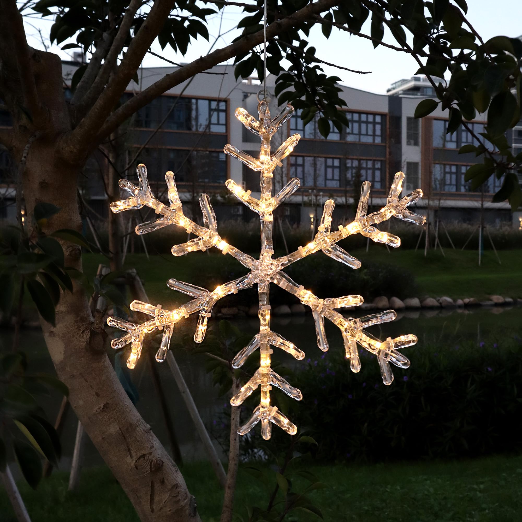 Mycznsyard LED Acrylic Christmas Snowflake Light 13.7 Inch 30 LED with 6 Hours Timer Battery Powered Hanging Light Waterproof De