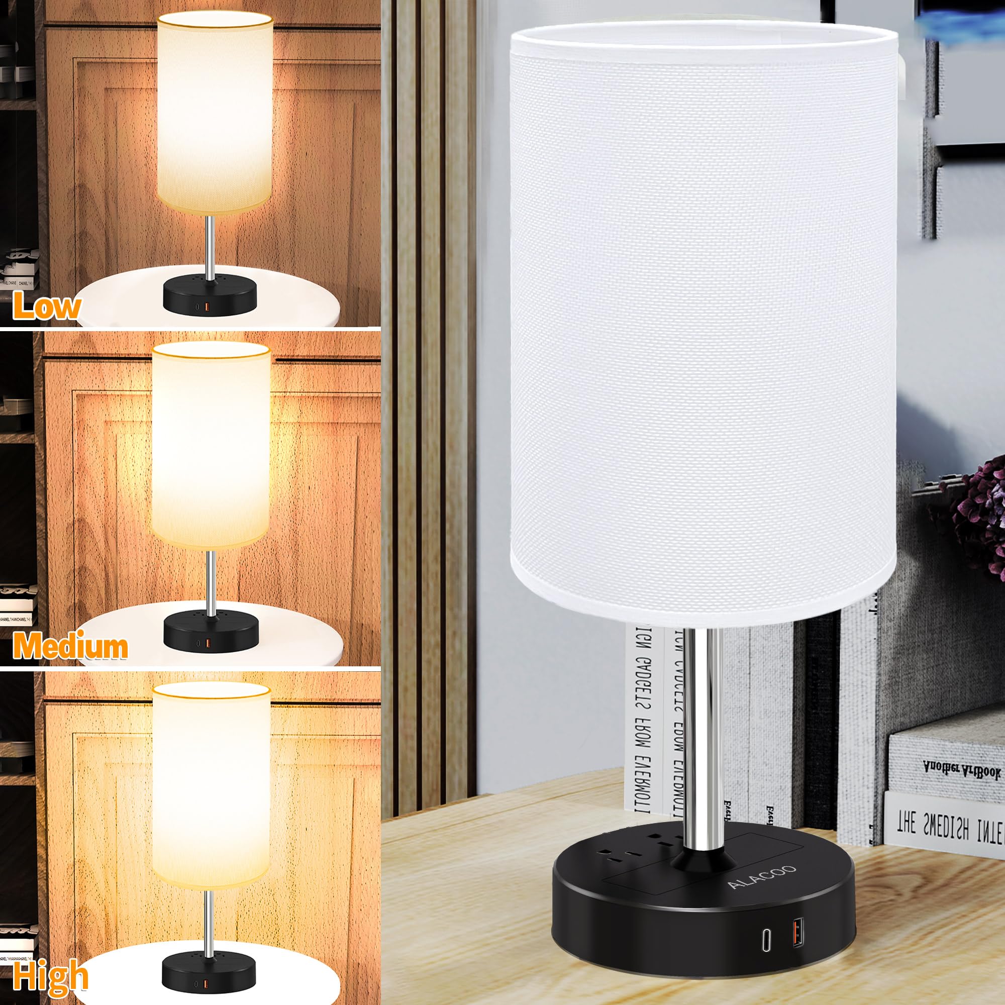 ALACOO Bedside Table Lamp - Touch Control, USB C & A Charging, 3-Way Dimmer, Small, Black-White, Model MS112, E26 LED Bulb Included