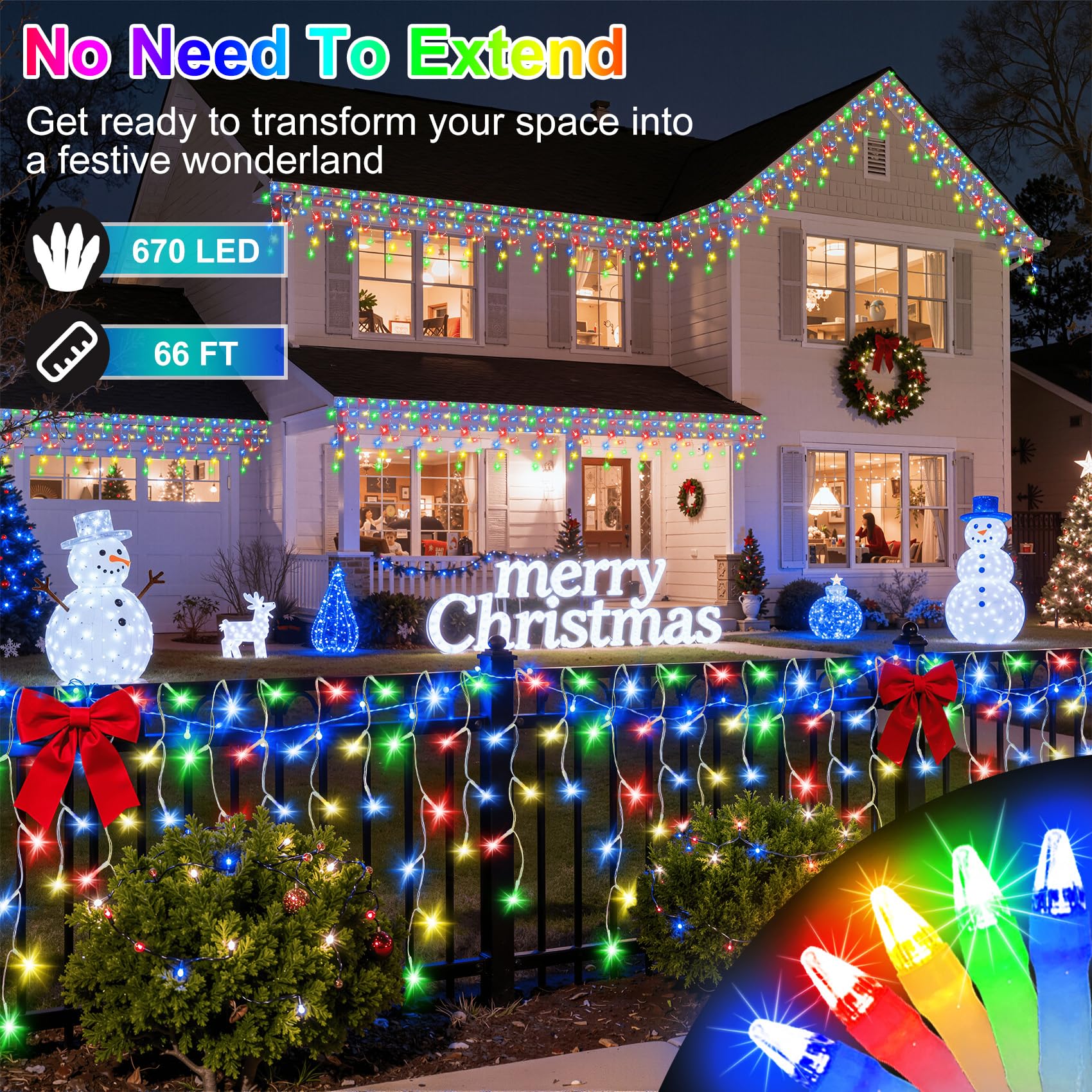 QUHUATU 670 LED Christmas Lights, 66FT with 148 Drops, Multicolor, 12 Modes, Waterproof, Model WX-666L