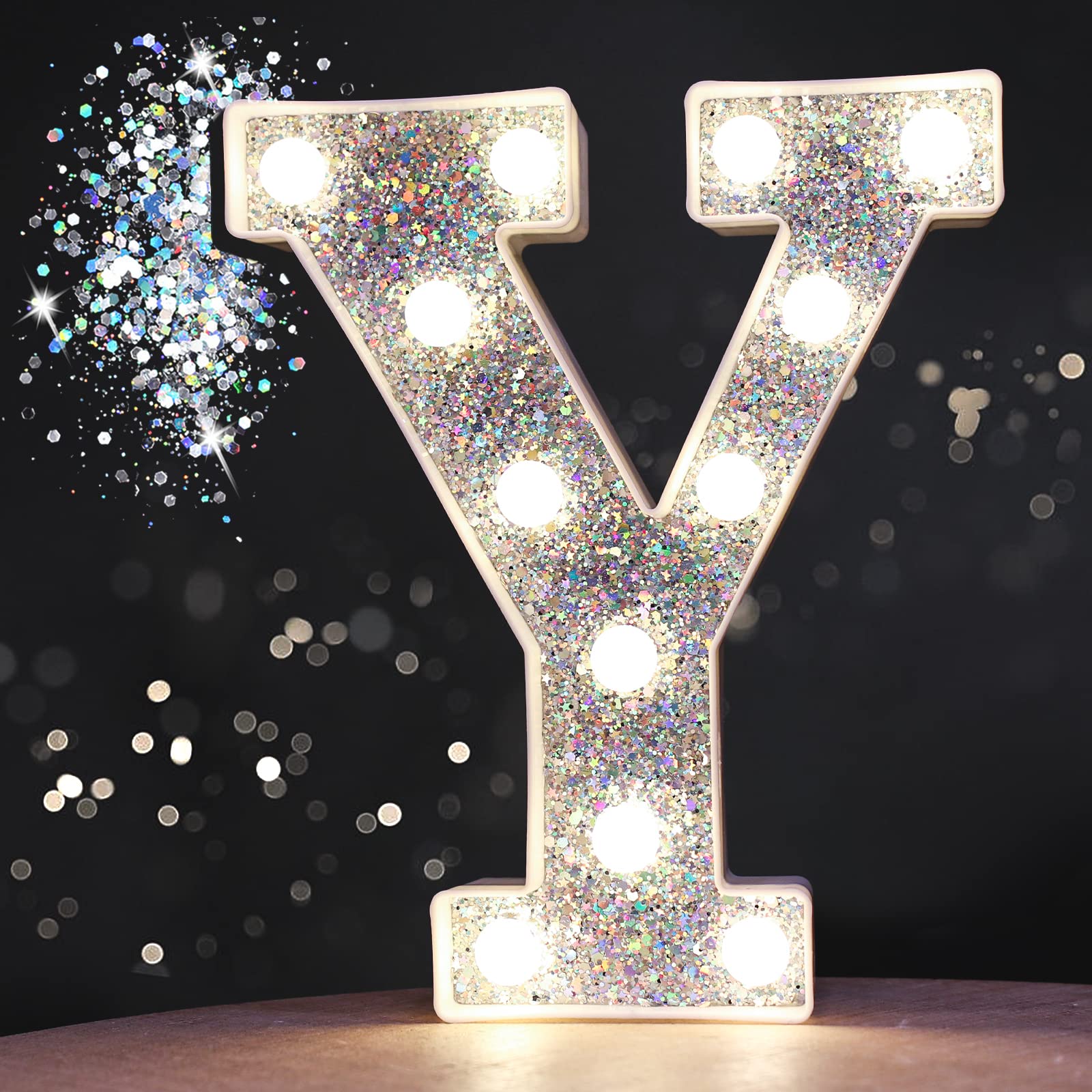 Pooqla LED Marquee Letter Light - Battery Powered Silver Glitter Alphabet Sign for Home Bar, Party, Wedding, Christmas Decoration - Letter Y