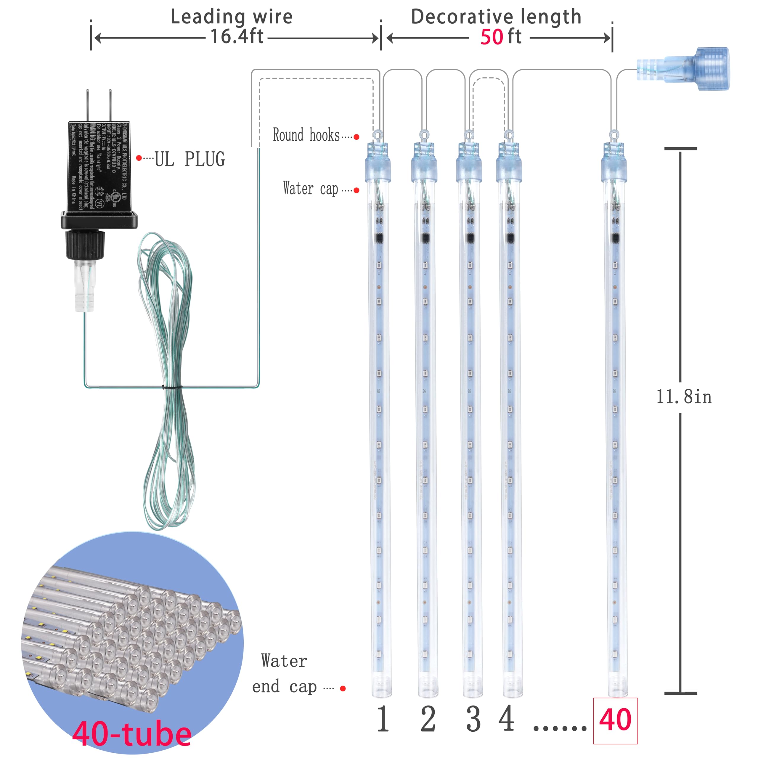 Purtuemy Meteor Shower Lights Outdoor: 40 Tube(Equivalent To 5 Sets Of 8-Tubes) Christmas Lights - Waterproof Christmas Halloween Decorations For Yard Outside Tree Roof  Multicolor