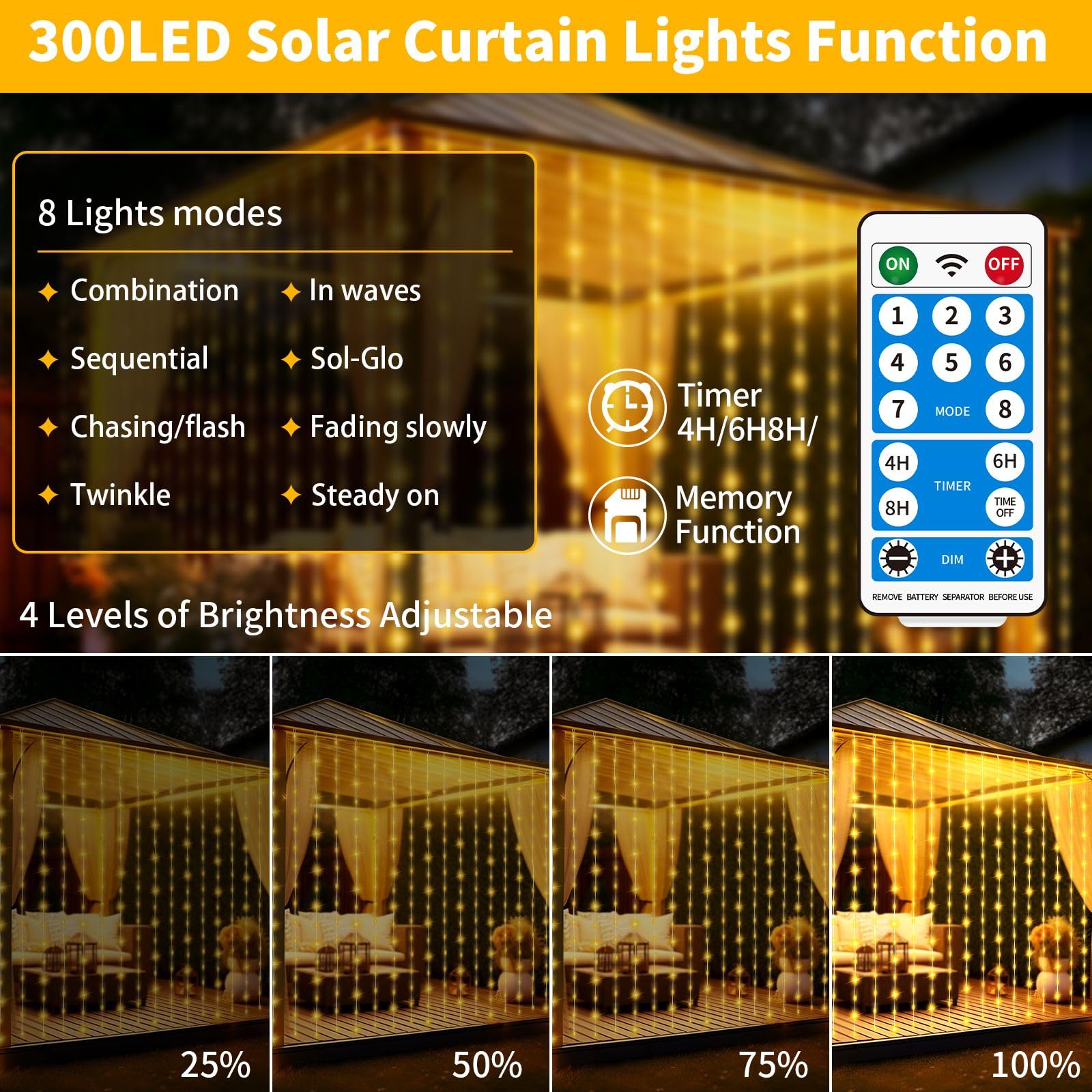 RCNDJE 300LED Solar Curtain Lights, 10Ft x 10Ft, Warm White, Waterproof, Remote Control, 8 Modes, Copper Material