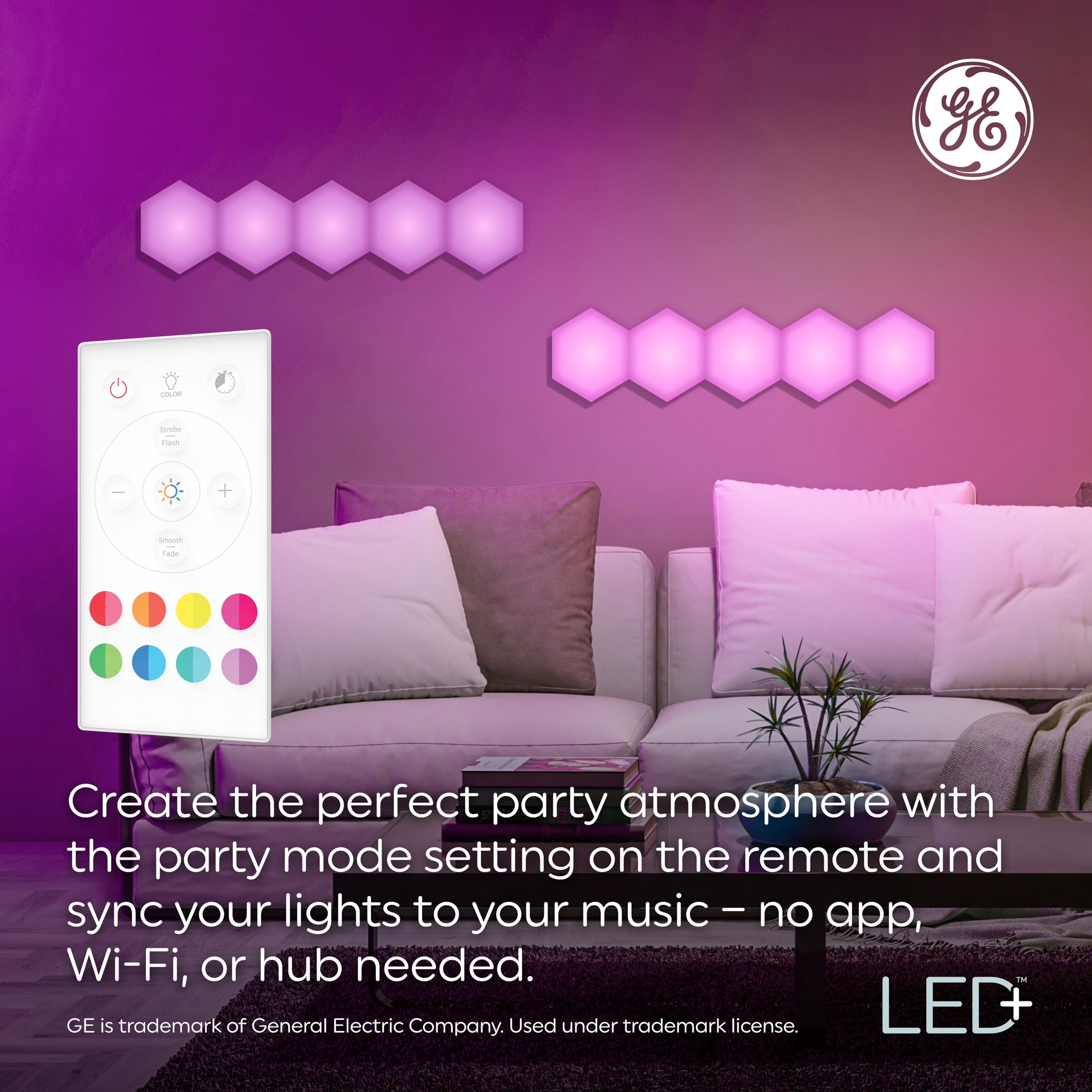 GE LED+ Color Changing Hexagon Tile Panels, 6 Count, Remote Control, Dorm Room Essentials, No App or Wi-Fi Required