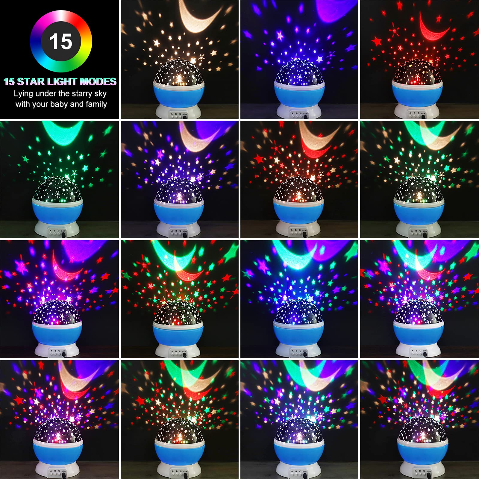 Votozi Star Night Light Projector - 360° Rotation, 4 LED Bulbs, 9 Color Changing, Blue, Model 012-1361
