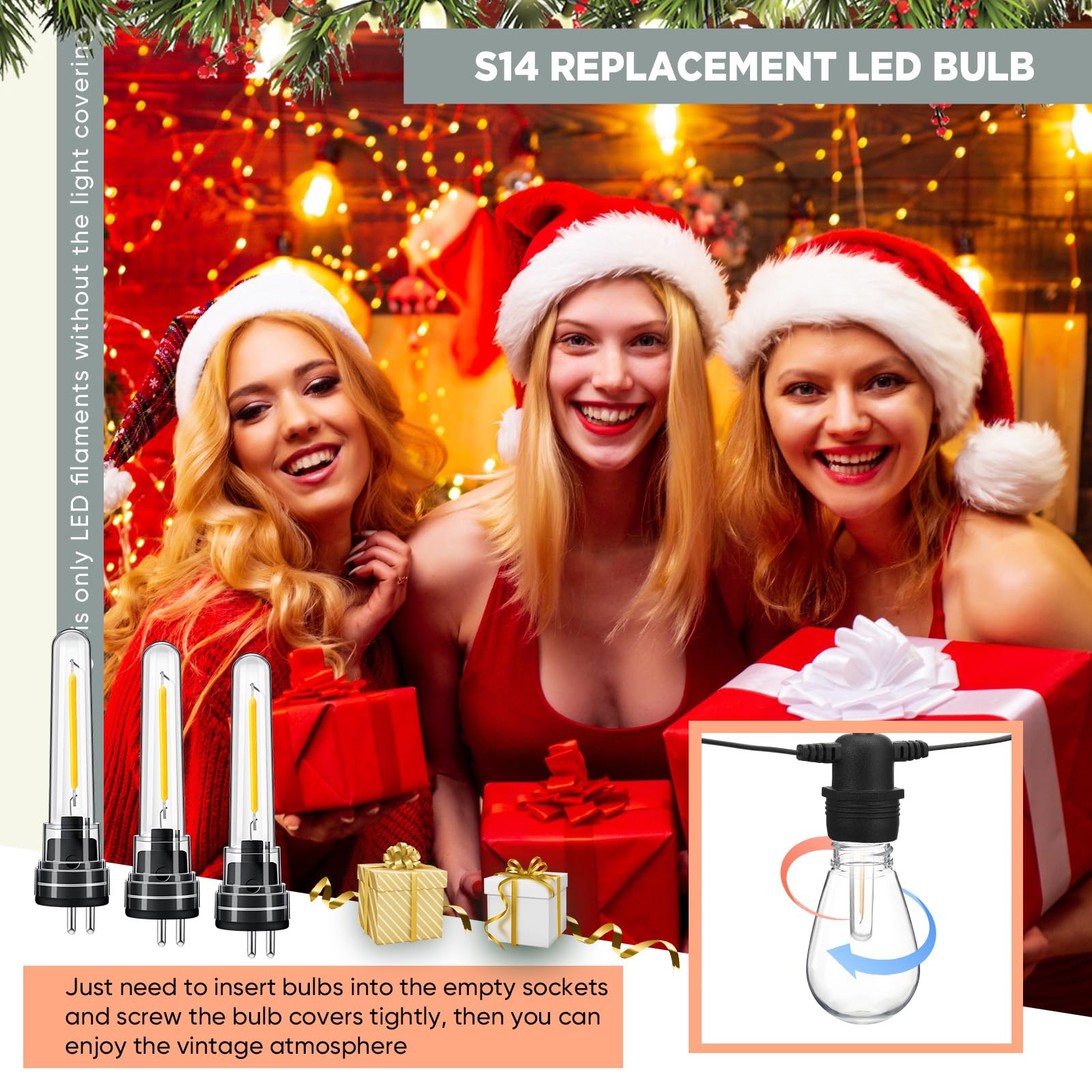 Rossesay S14 LED String Light Bulbs, 12 Pcs, 1.5W, 2700K Warm White, Waterproof, Black, Model XUU-Rossesay-