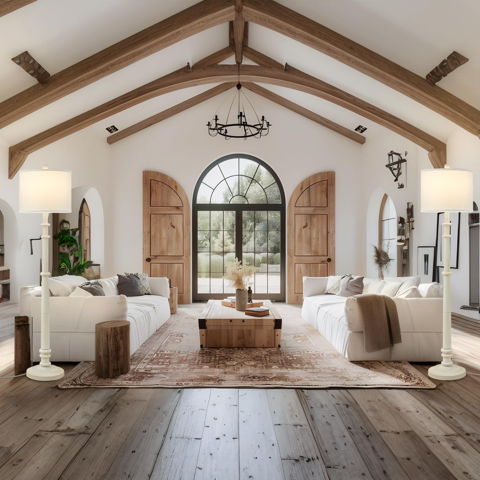EJIAXIN 60" Farmhouse Floor Lamp - Vintage Resin Standing Light with Linen Shade, 3 Color Temperatures, Almond White