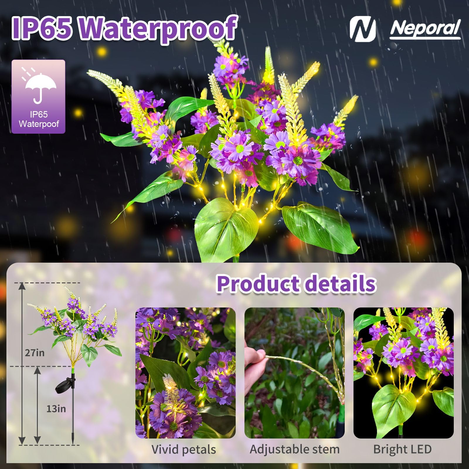 Neporal Solar Flowers Outdoor Waterproof Garden Lights, 8-Stem, 2 Lighting Modes, Purple-2PK
