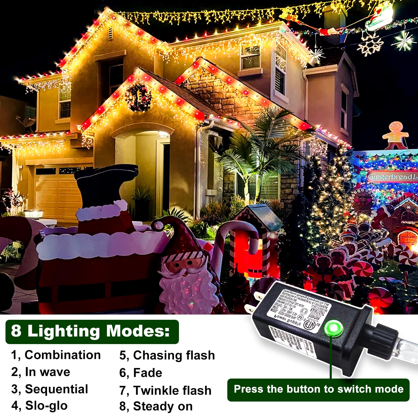 Vivideal Icicle Christmas Lights, 33ft 400 LED, Warm White, Plug-in, 8 Modes Timer, Waterproof for Holiday Decor