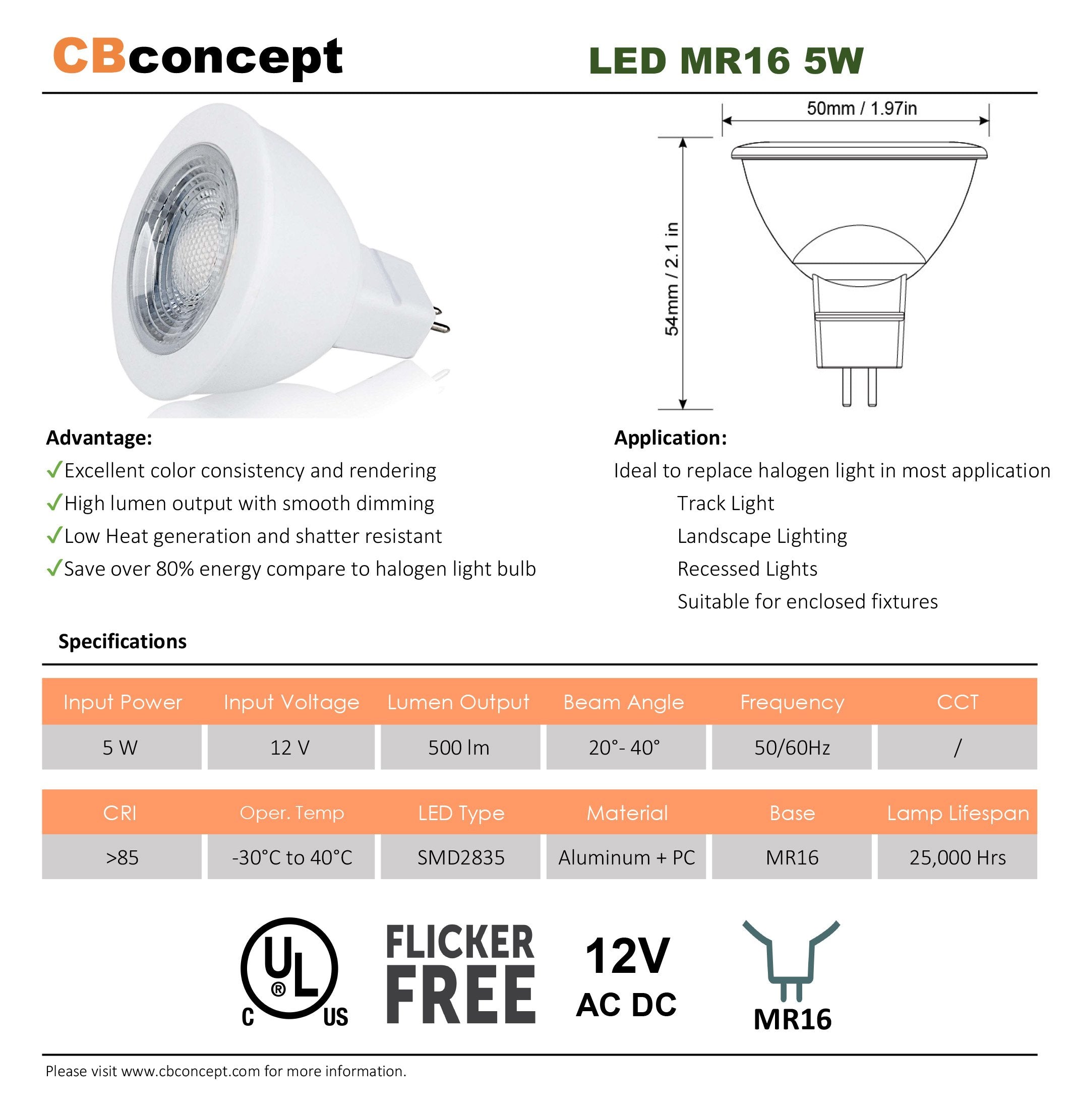 Cbconcept Ul-Listed Mr11 Gu4.0 Led Light Bulbs, 10-Pack, 2 Watt, Dimmable 230 Lumen, Pure White 6000K, 36 Beam Angle, 12 Volt, 2