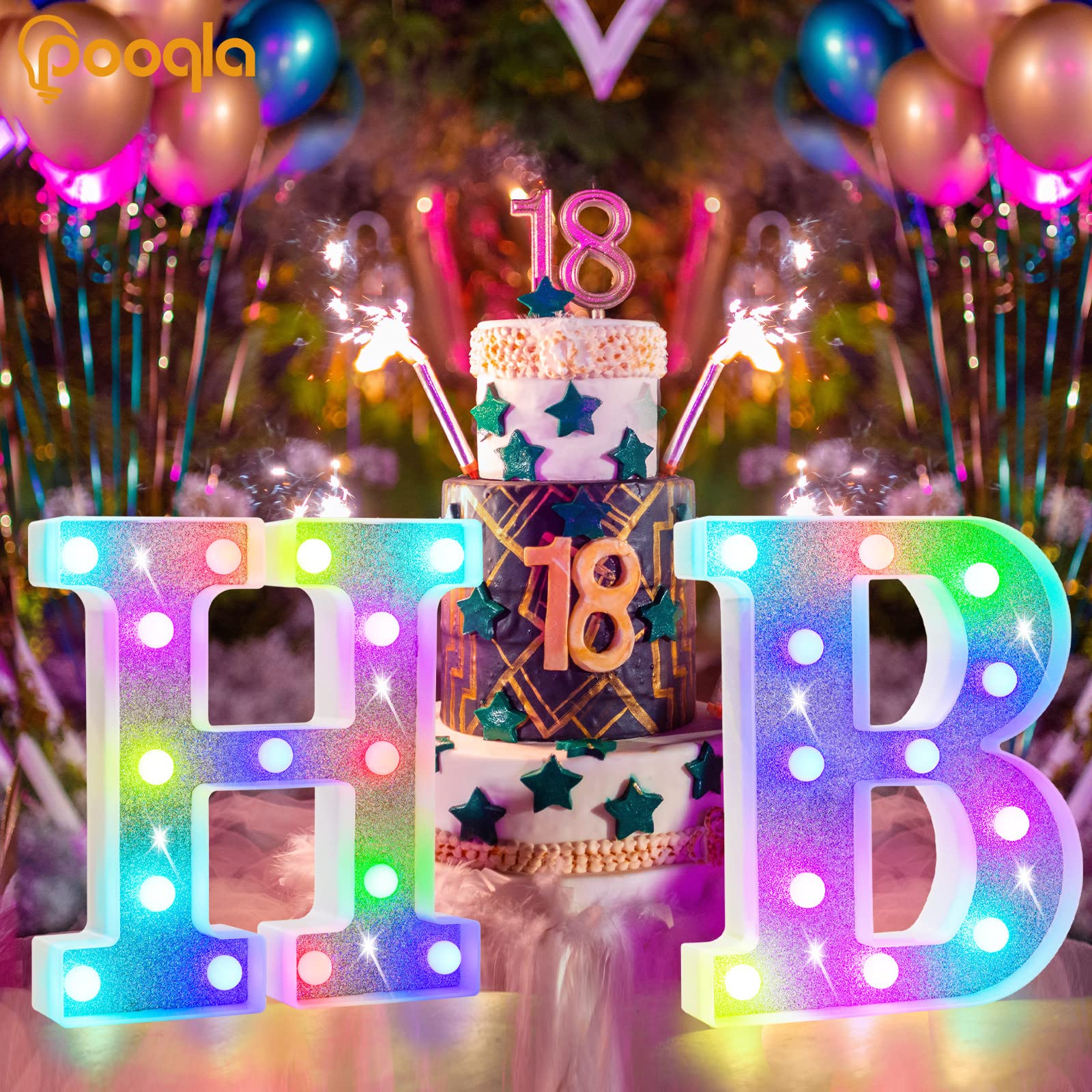 Pooqla LED Marquee Letter Light Sign, 18 Colors with Remote, Glitter Silver, Battery Powered, Perfect for Parties and Decor