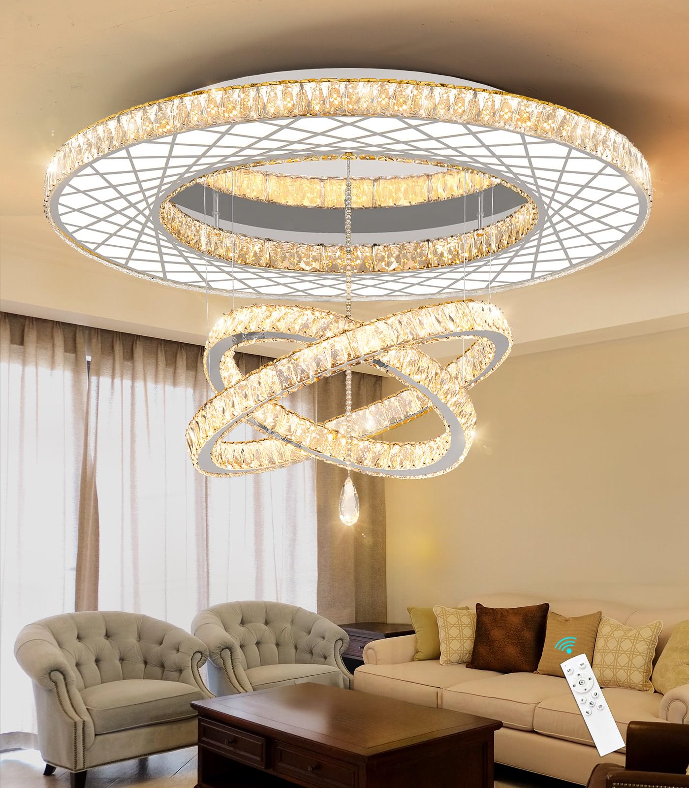 HAIXIANG 48" Gold Crystal Chandelier Ceiling Light, Dimmable LED, Luxury Living Room Fixture, Model MMQ3831