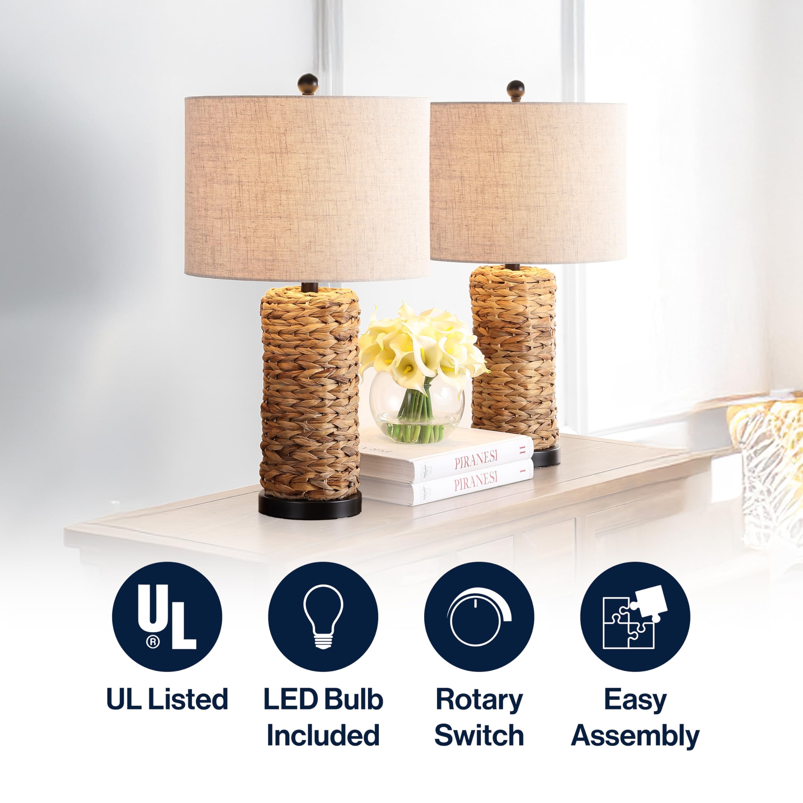 JONATHAN Y Set of 2 Table Lamps Elicia 25in Sea Grass LED Natural Model JYL6502A-SET2 for Bedroom, Living Room, Office