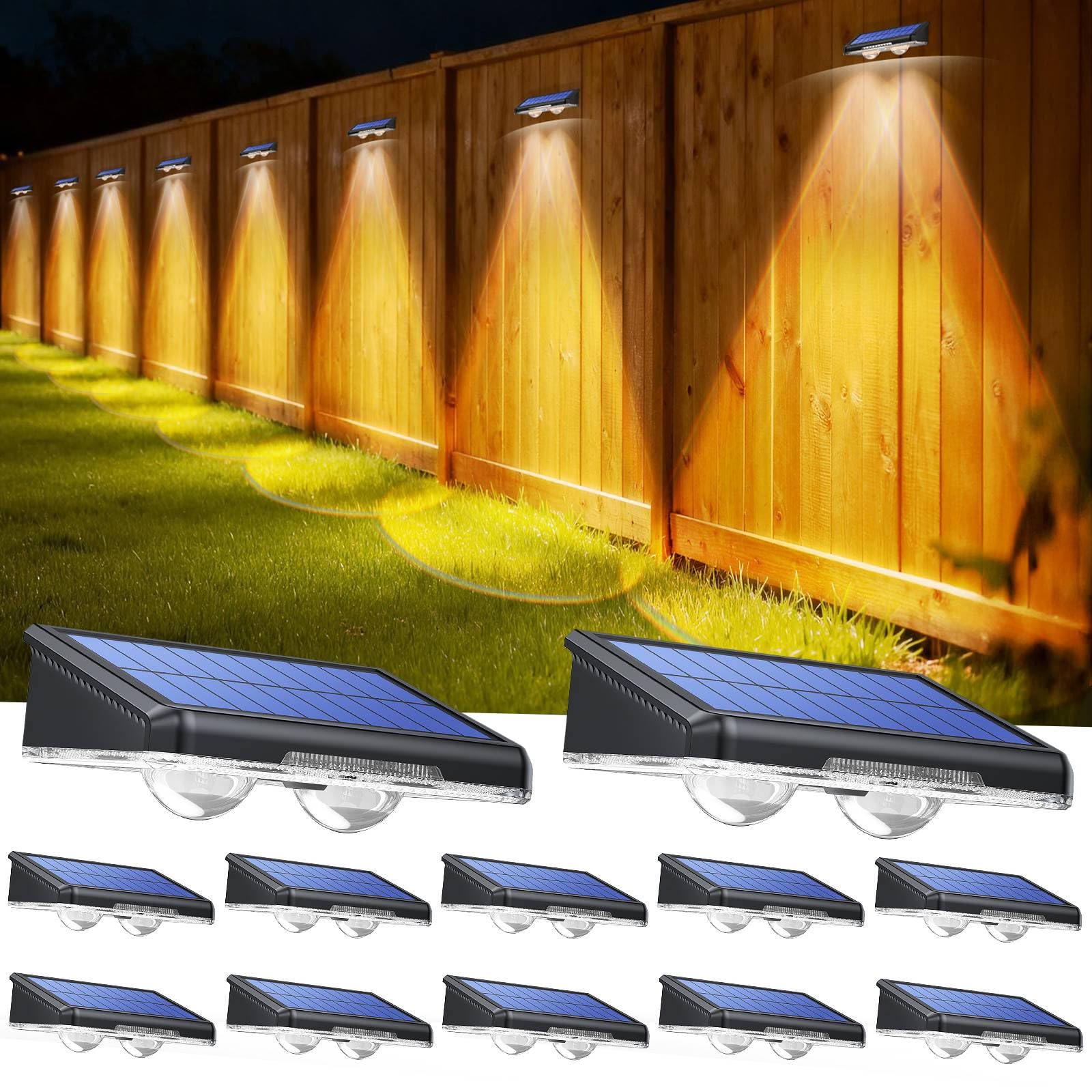 TECKNET Solar Fence Lights Outdoor 12 Pack  3 Modes - Warm/Natural/Cool White  IP66 Waterproof Solar Lights for Fence with 2 High Brightness LED  Outside lighting Decor for Patio Wall Railing Backyard