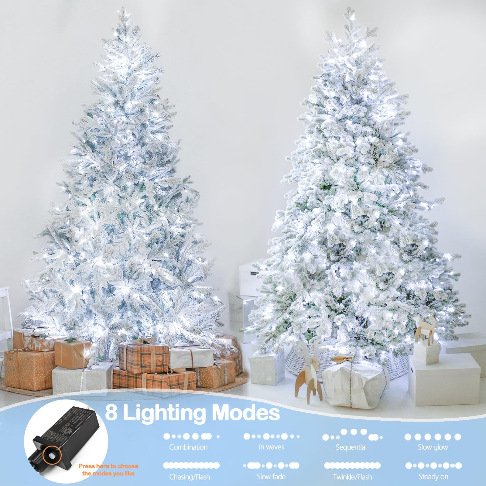 YIQU 200 LED Christmas String Lights - Cool White, Extendable Green Wire, 8 Modes, UL Certified, Indoor/Outdoor Holiday Decoration