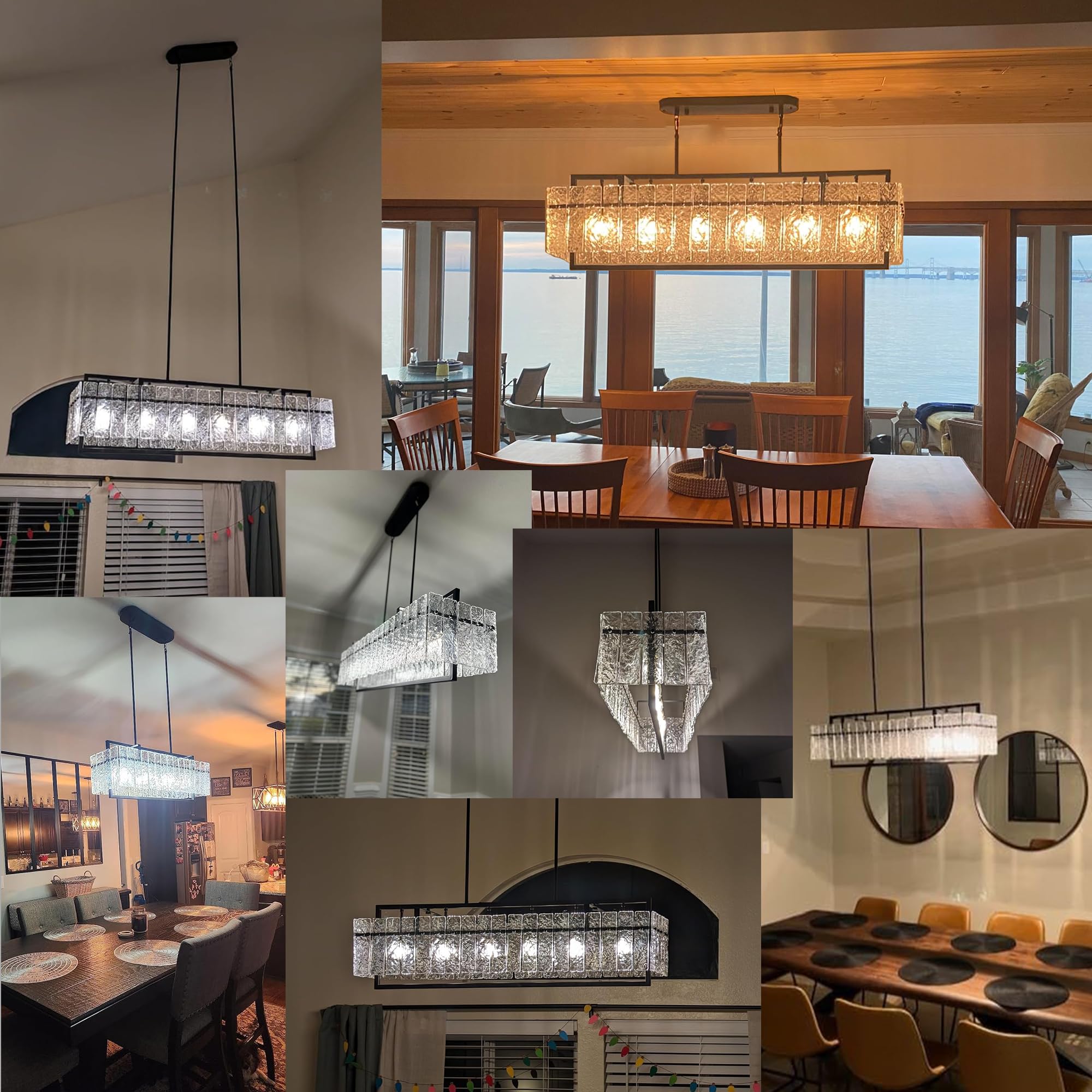 Modern Rectangle Black Crystal Chandeliers For Dining Room, 42'' Large Rectangular Water Ripple Glass Island Light Fixture, Line