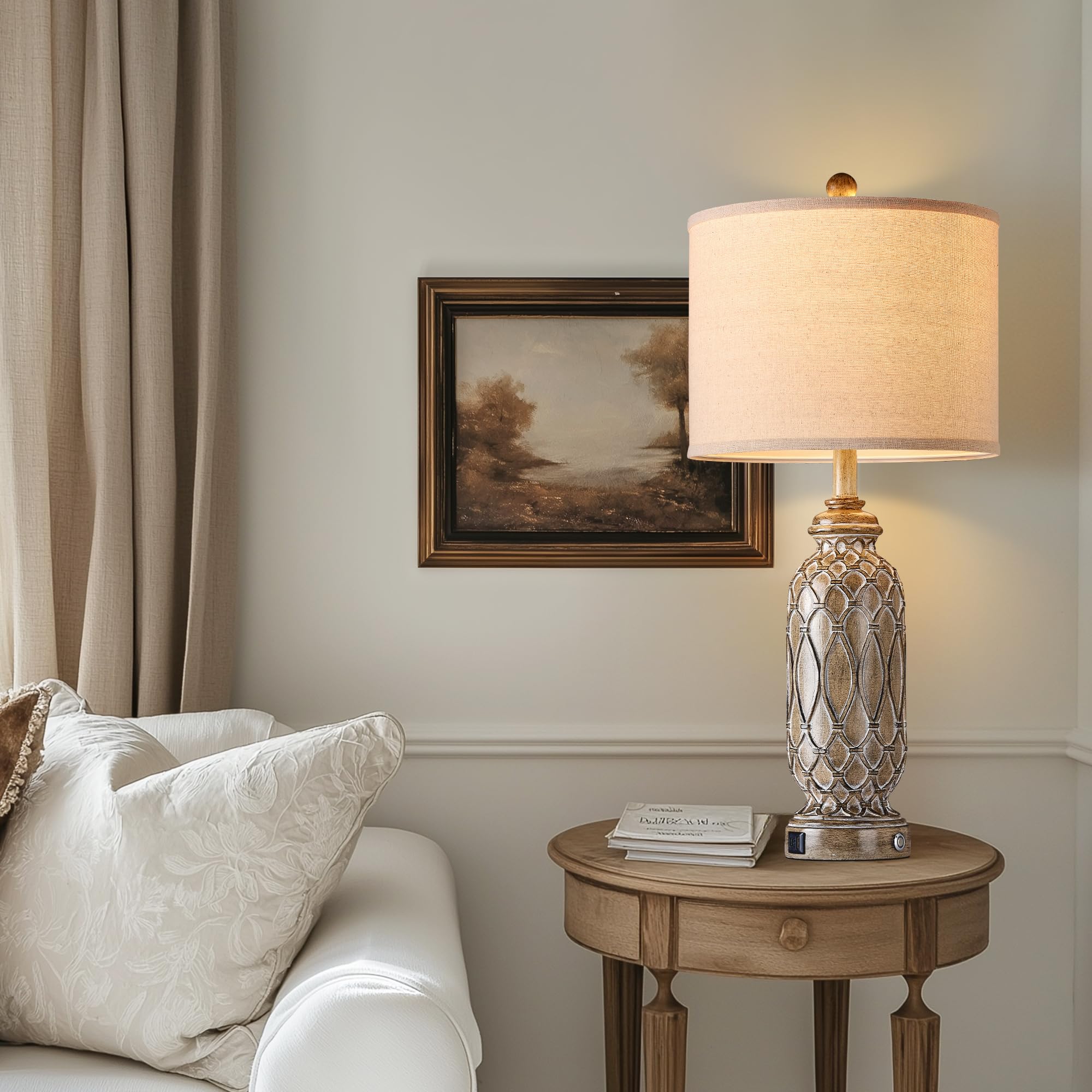 Ireliare Farmhouse Lamps For Bedroom Set Of 2, 28'' Vintagetable Lamps For Living Room With Usb A+C Charging Ports, Touch Lamps