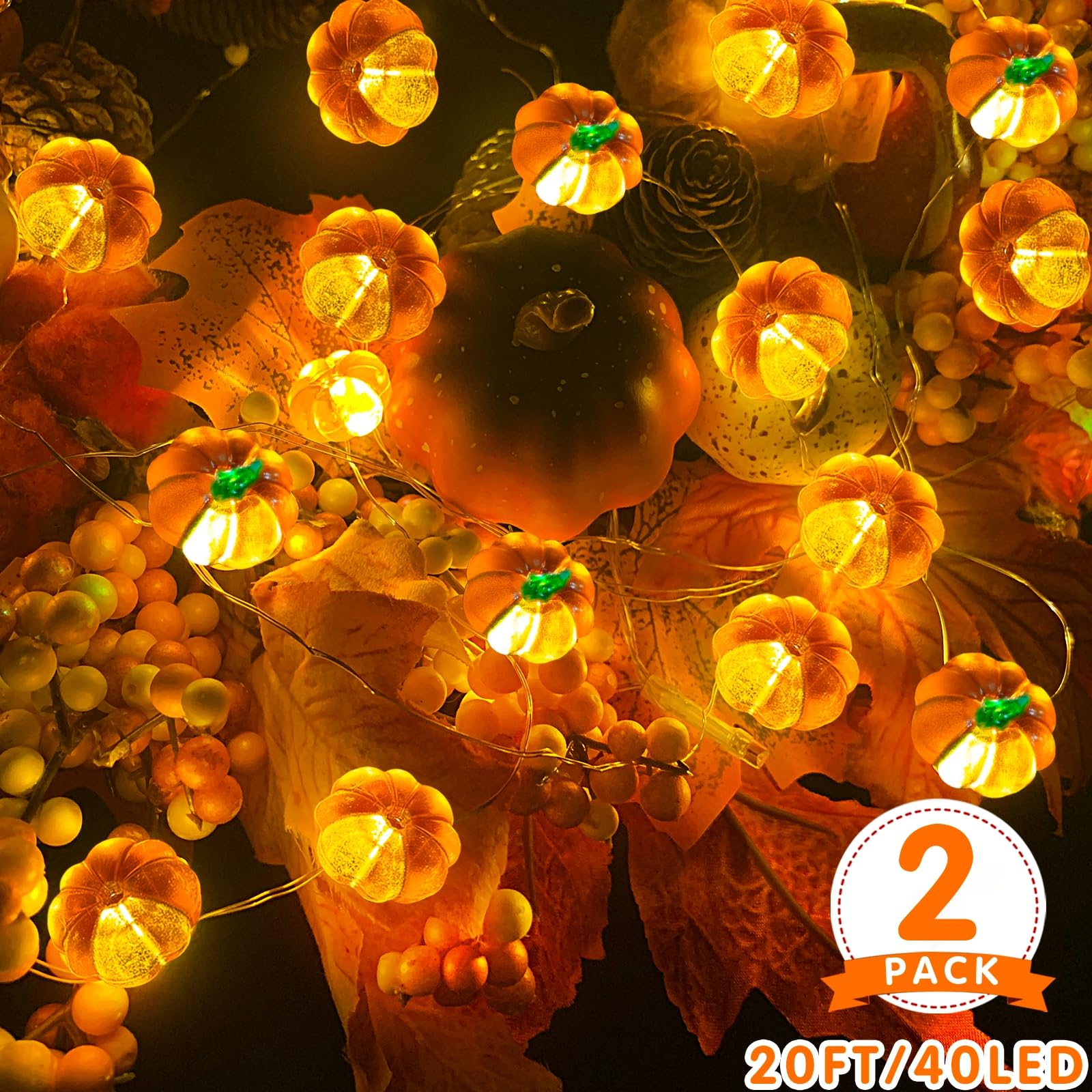 TURNMEON 3D Fall Pumpkin String Lights, 40LED, 20ft, Battery Operated, Warm White, Indoor Halloween Decorations, 2 Pack