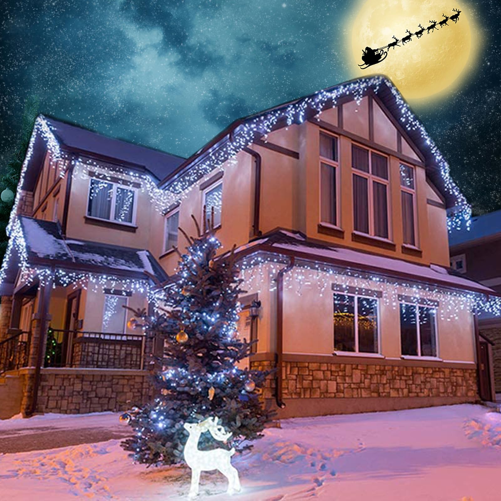 Lomotech Christmas Icicle Lights - 32Ft Waterproof, 8 Modes, Timer, White, Model SSL0200-I-24V