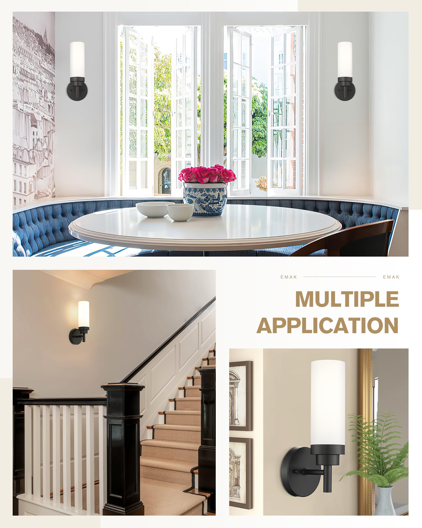 Emak Modern Wall Sconce Set Of 2, Black Bathroom Light Fixtures With Milk Glass Shade, Farmhouse Wall Lamp For Bathroom, Bedroom