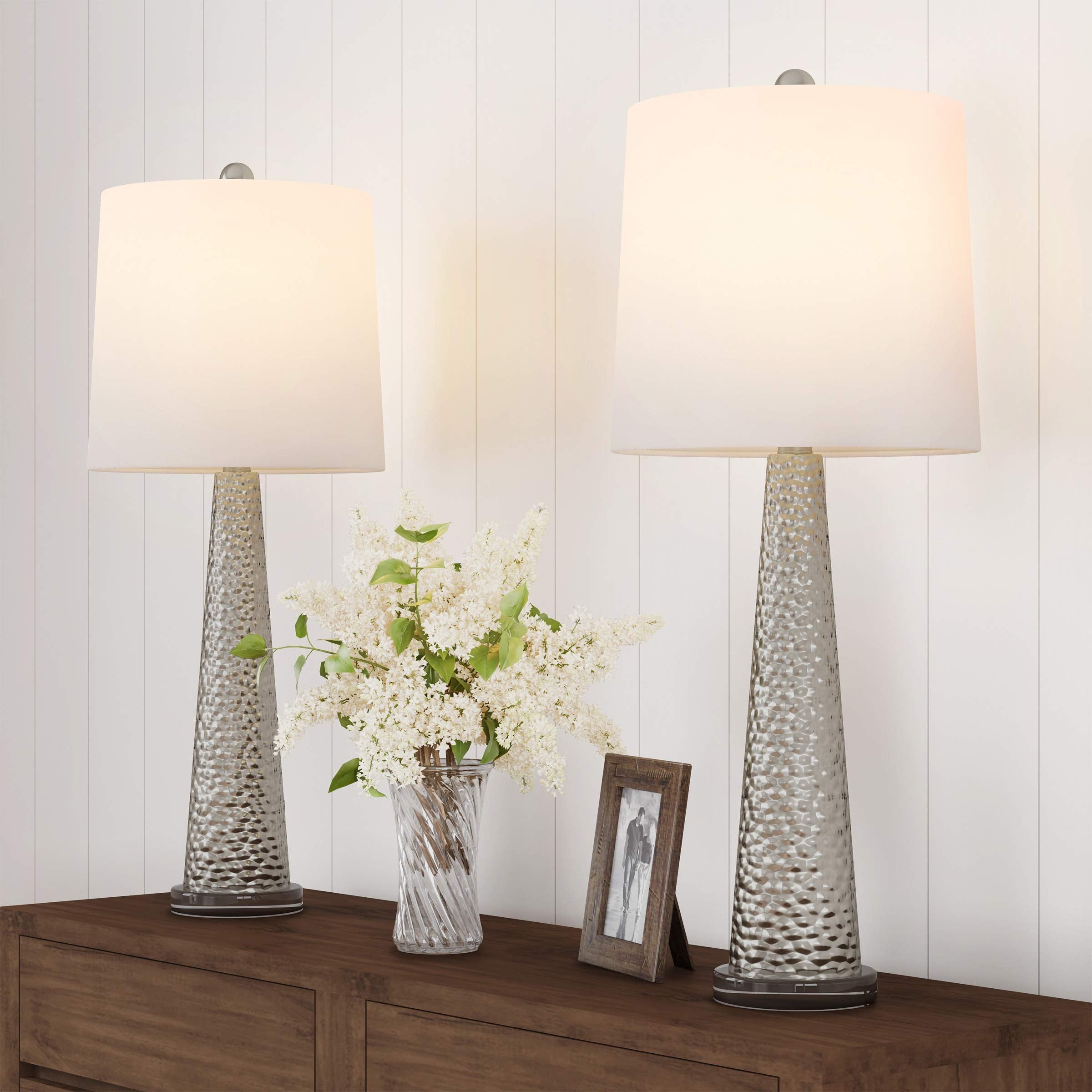 Lavish Home Table Lamps - Set of 2 Contemporary Hammered Glass Lights for Bedroom, Living Room, and Office with Energy-Efficient