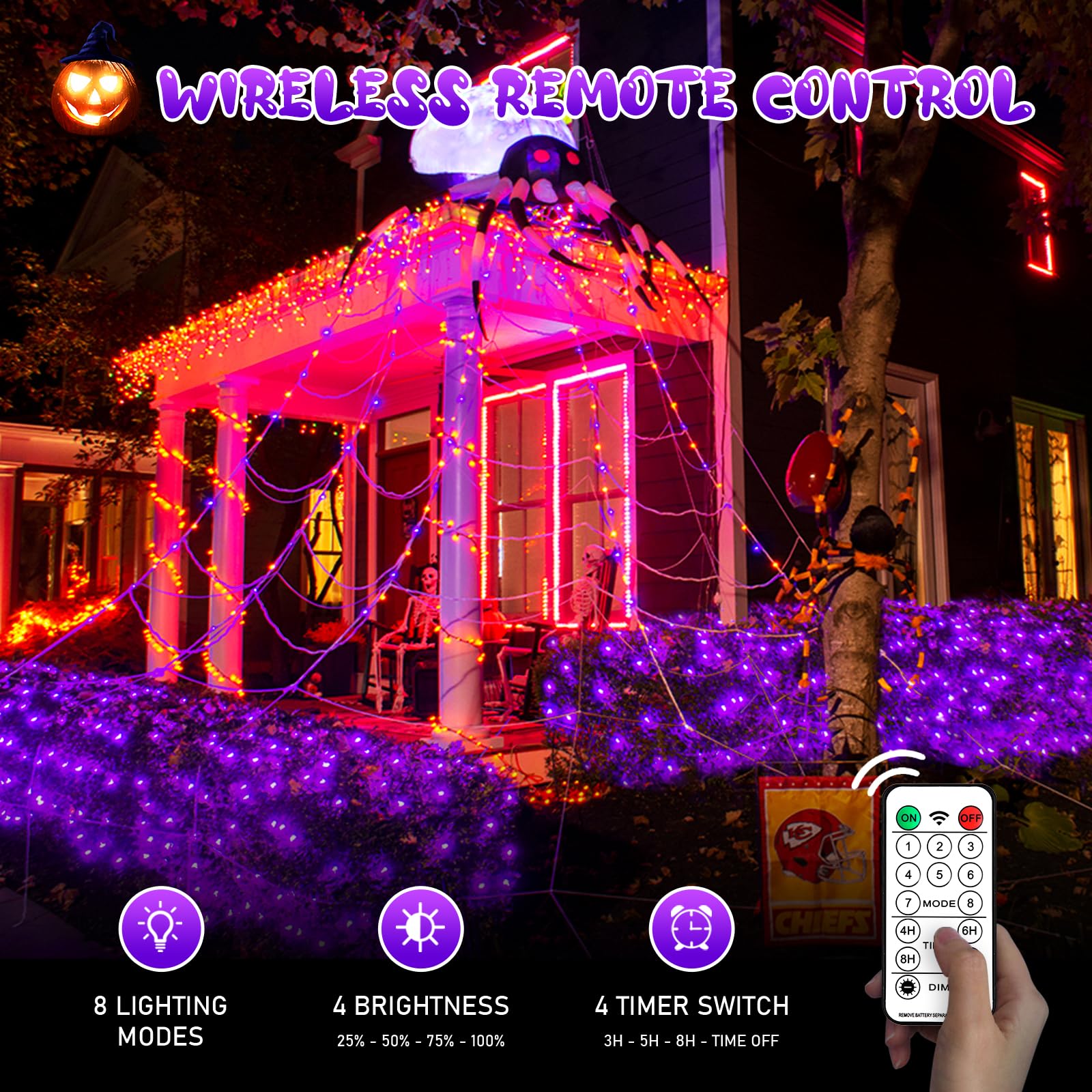 JMEXSUSS Purple Solar Net Lights, 320 LED, 9.8ft x 6.6ft, Waterproof, 8 Modes Remote for Halloween Decorations