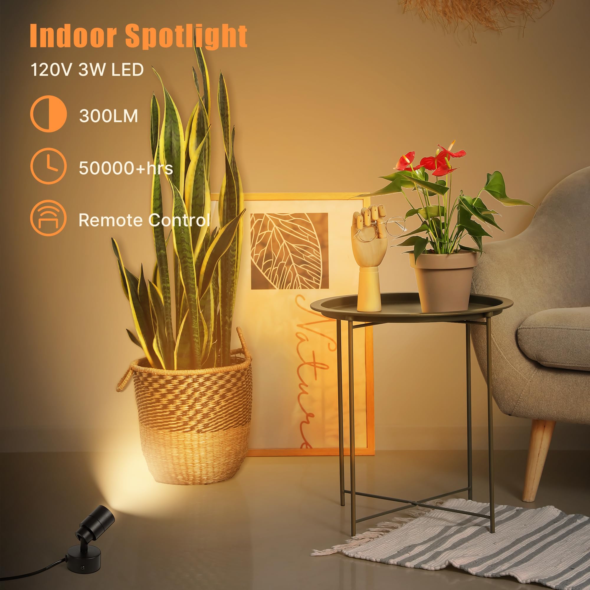Led Spotlights Indoor, 5W Plants Uplighting With Remote Control Dimmable & Timer, 3000K/4000K/5000K Adjustable Floor Spot Lights