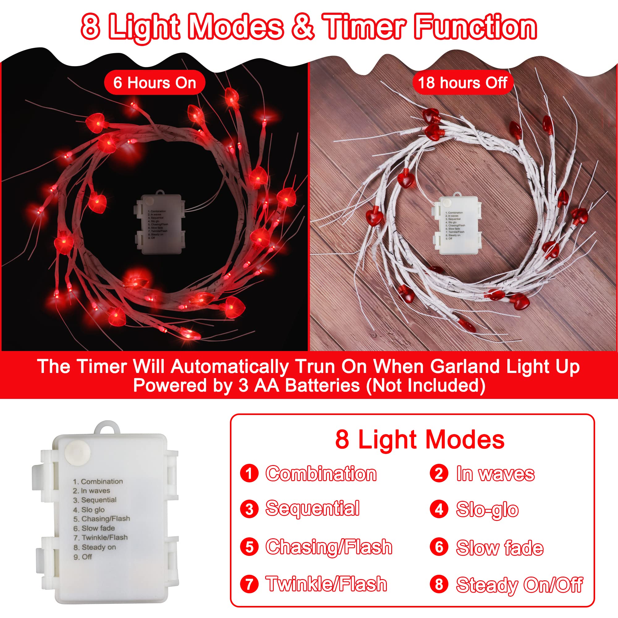 Mosoan 5FT Valentines Day Willow Vine with Red Heart Lights, 45 LED Battery Operated, 8 Modes Romantic Decor for Home and Table