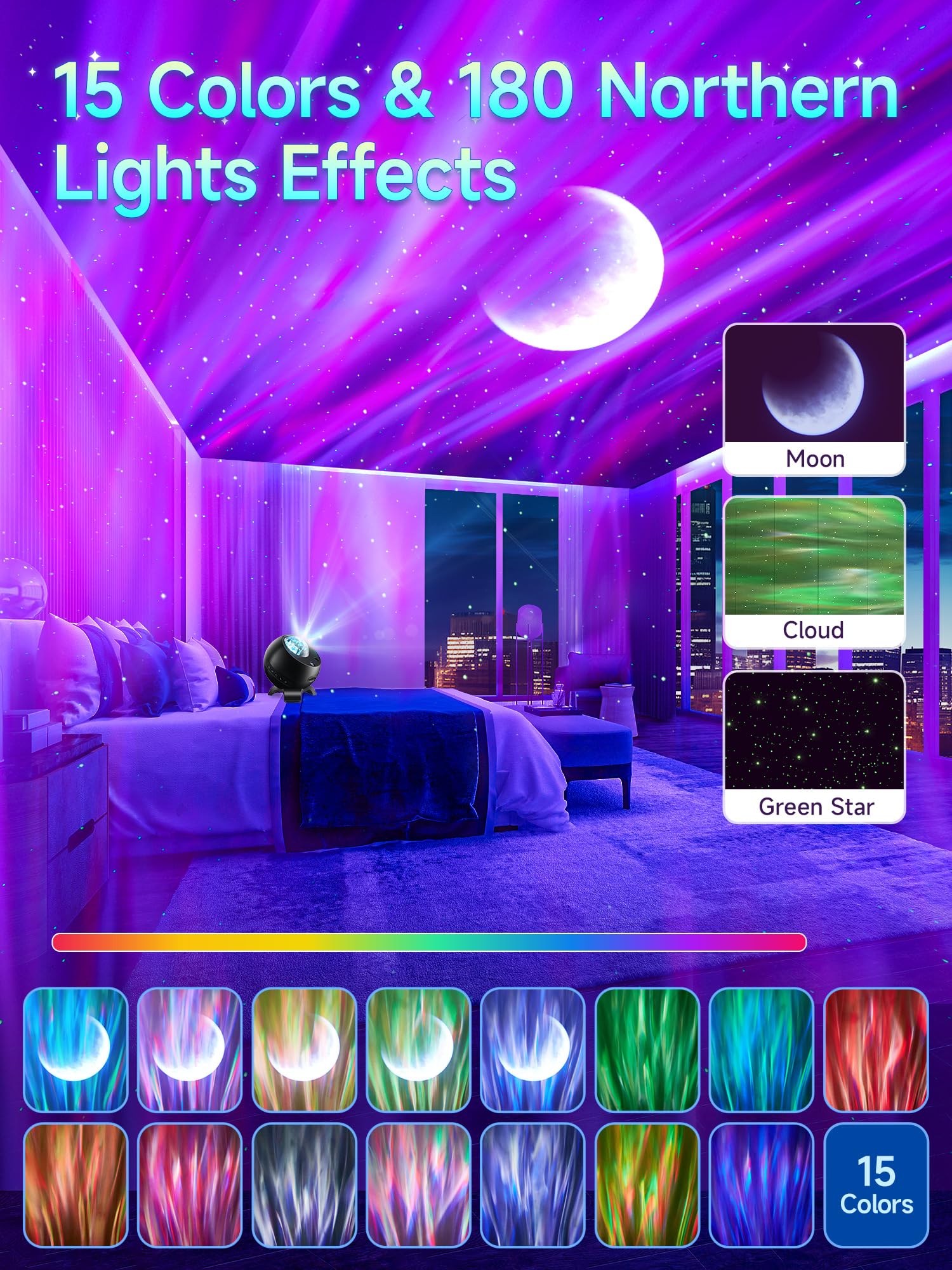 One Fire Galaxy Projector - 21 Colors, 15 White Noise, Bluetooth, Remote - Model WH-E12A, Black