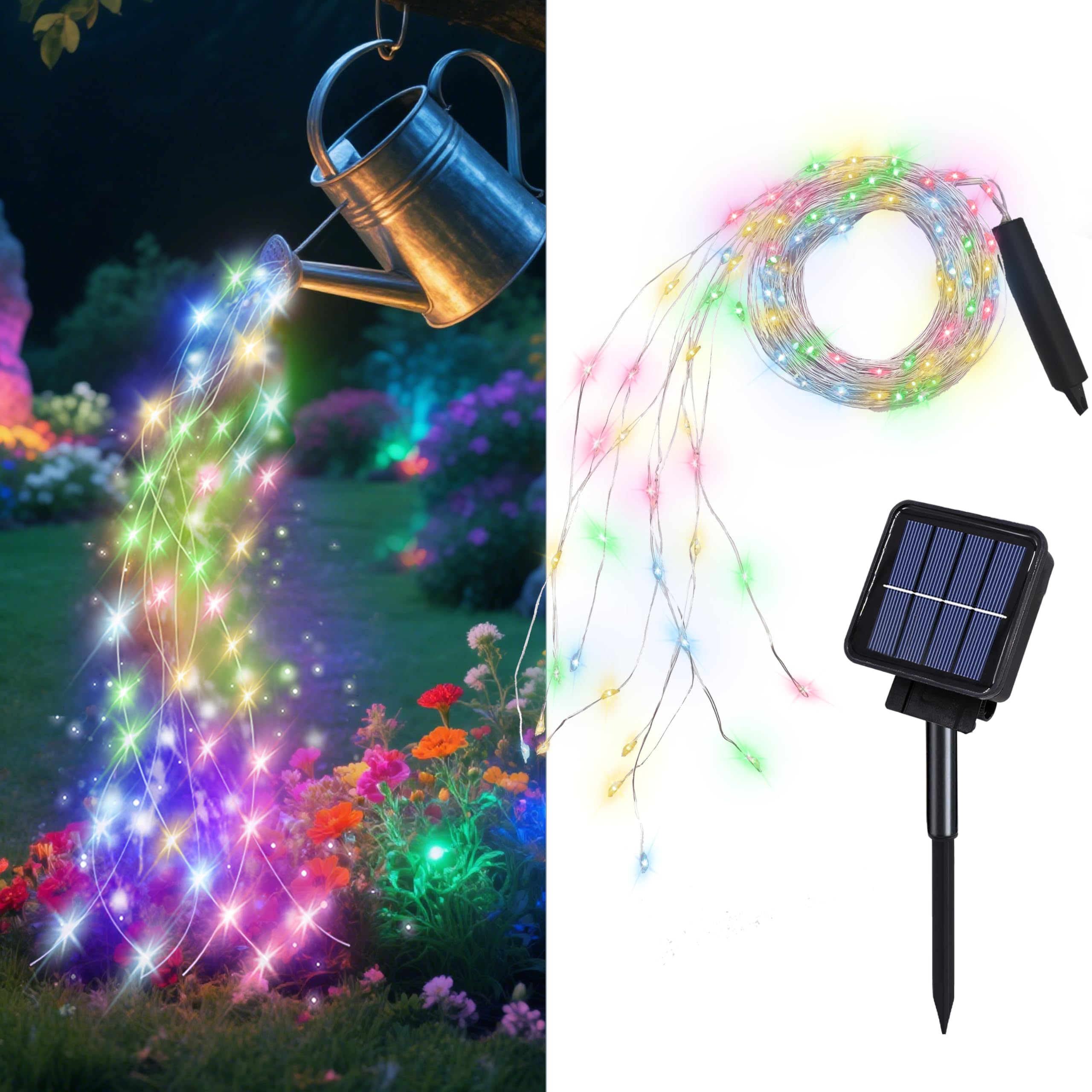 ANGMLN Solar Waterfall Fairy Bunch Lights, 200 LEDs, Waterproof, Multicolor, 8 Modes, Outdoor Christmas Garden Decorations, Model MBSHD