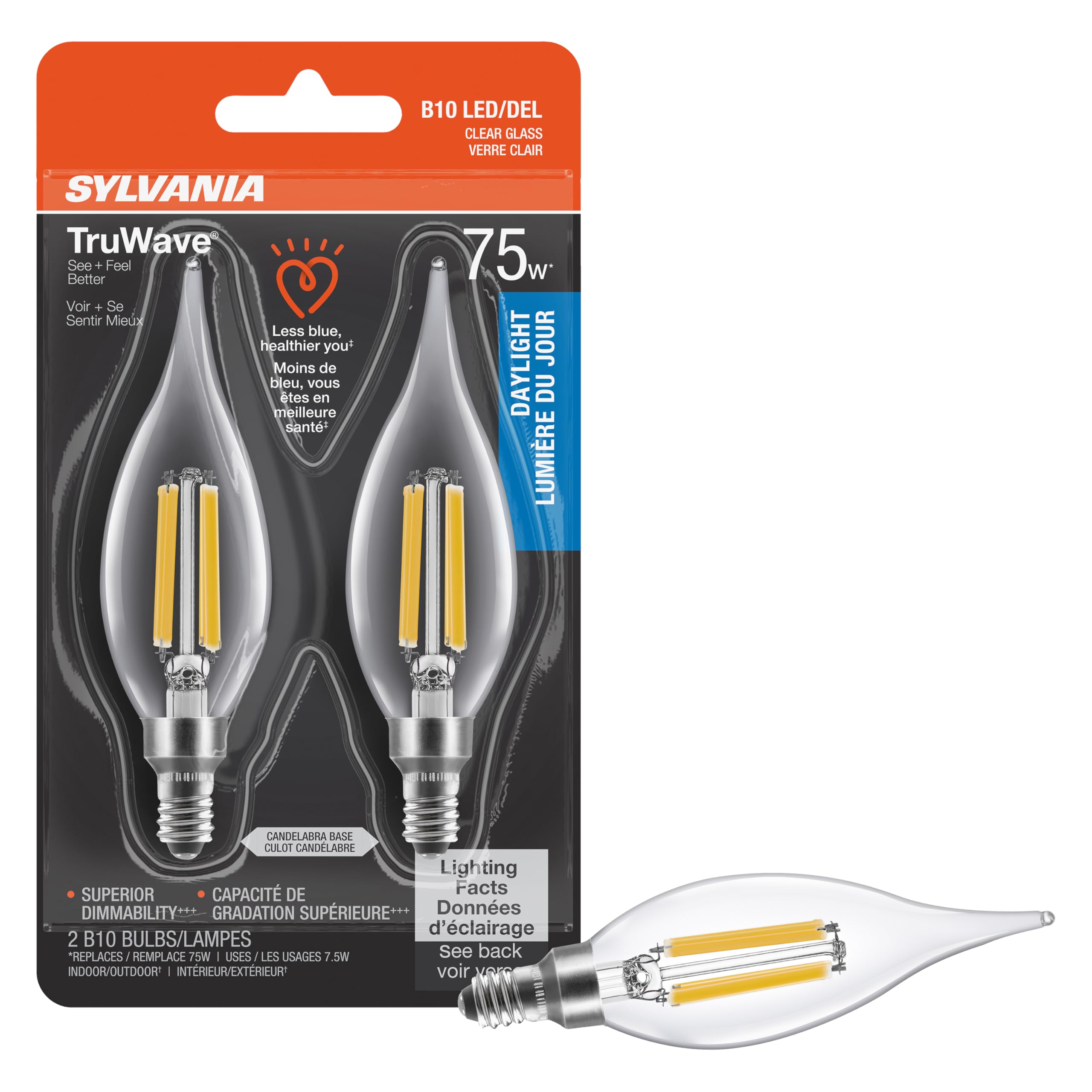 LEDVANCE Sylvania LED TruWave B10 Chandelier Light Bulb, 75W Equivalent, 7.5W, Candelabra Base, Dimmable, 750 Lumens,