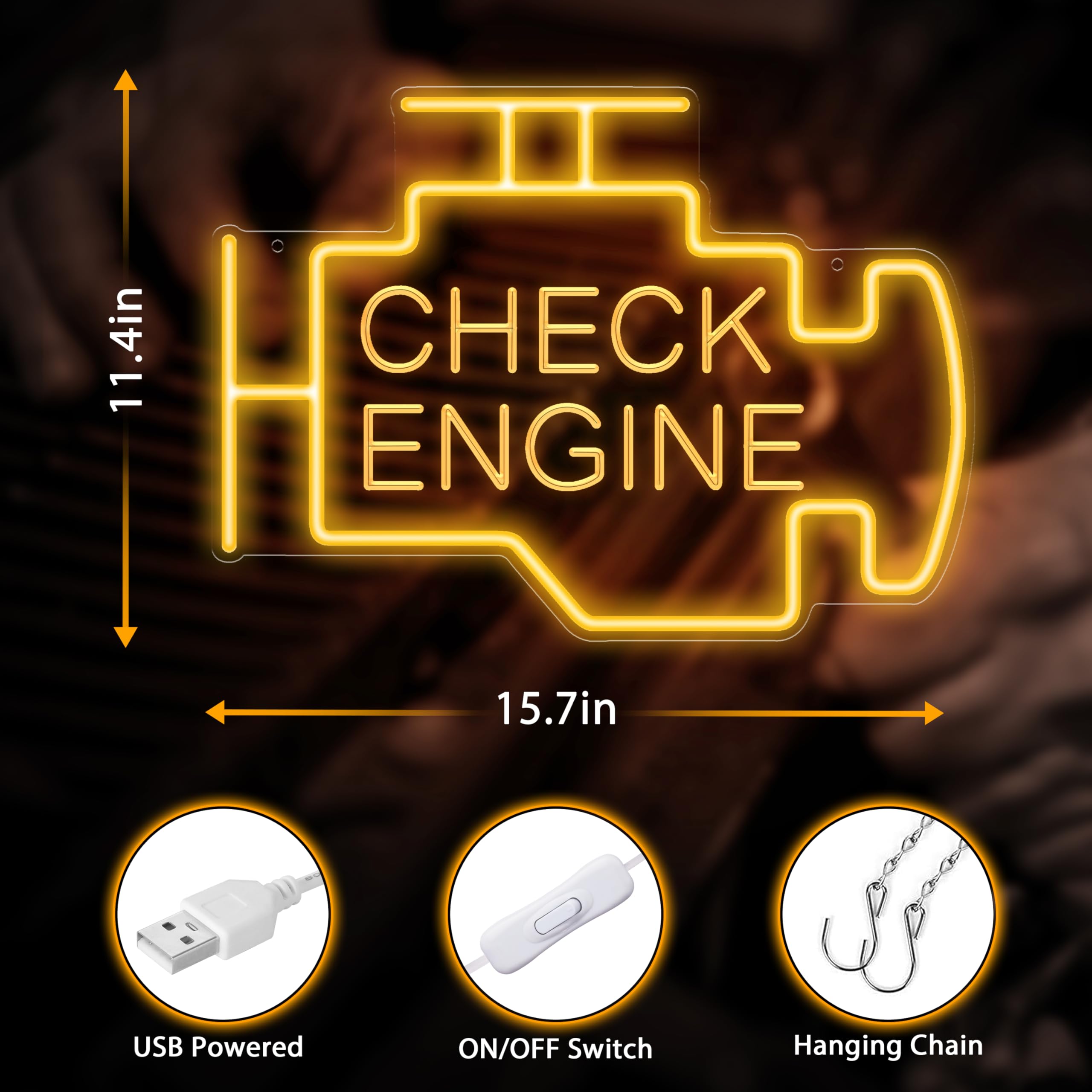 Kavaas LED Check Engine Neon Sign for Garage Decor, 15.7 inches, Golden Yellow