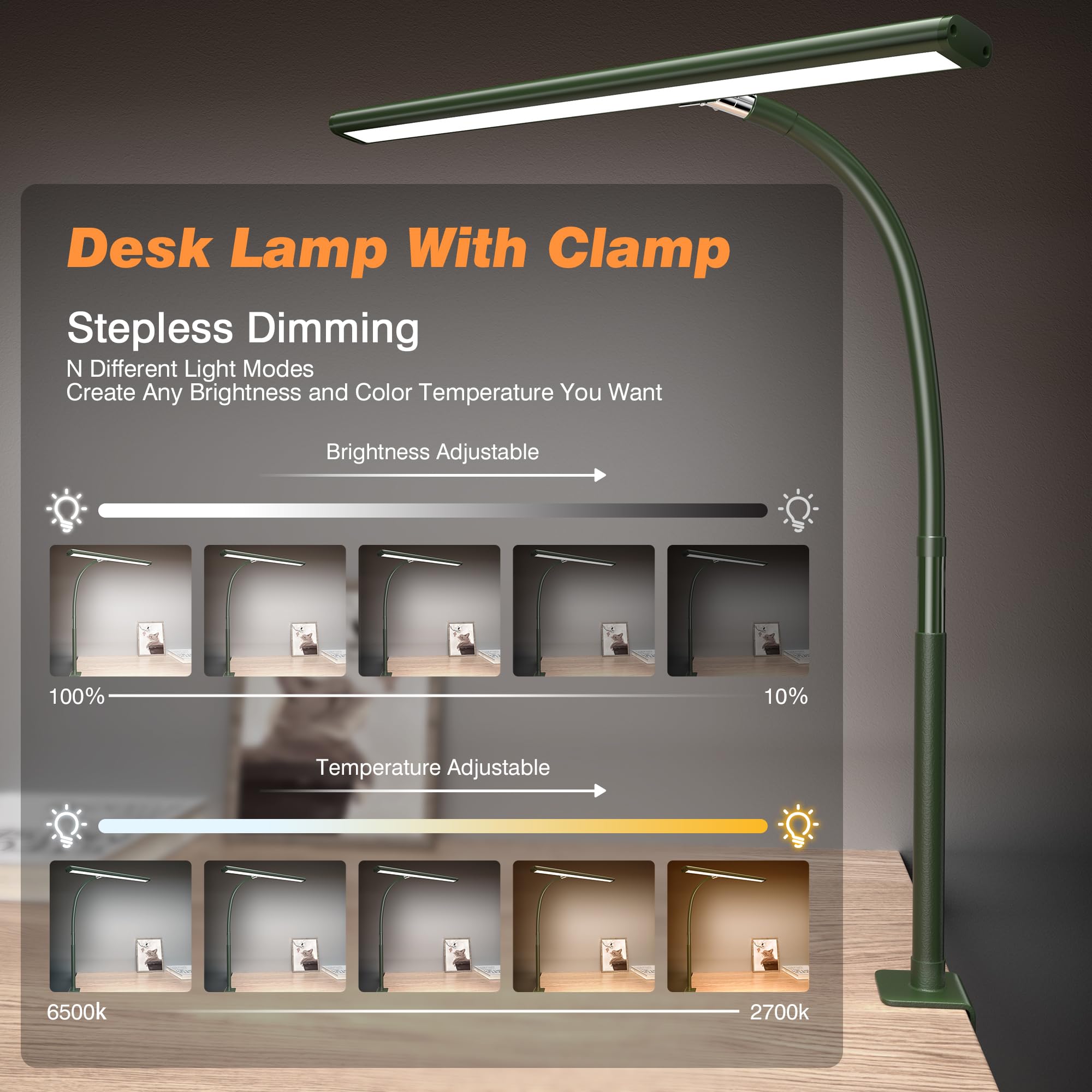 Airlonv Green Led Desk Lamp, Eye-Caring Light With Stepless Dimming & Flexible Gooseneck