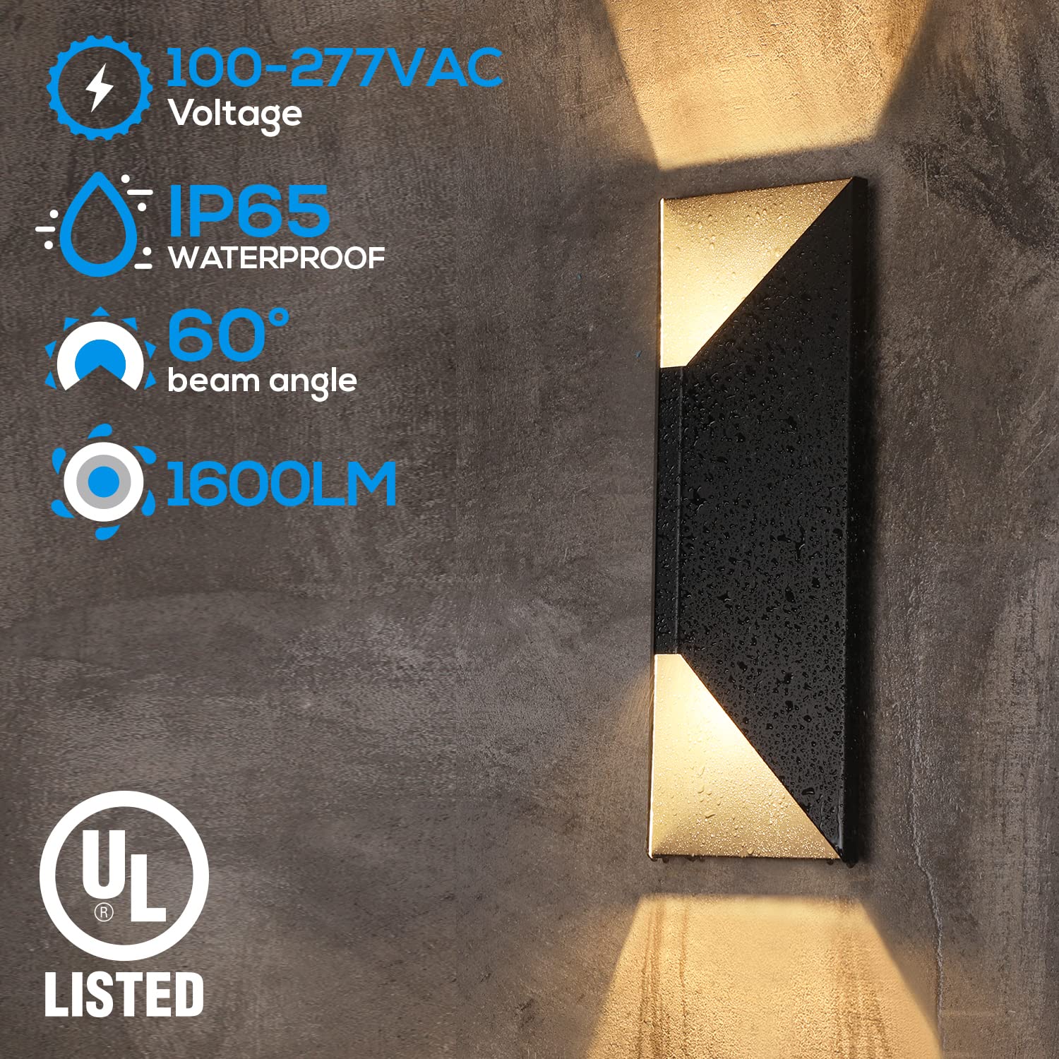 LEONLITE Dimmable LED Wall Light, 14" Modern Outdoor Fixture, 100-277V, IP65 Waterproof, Black, Pack of 2, Model 79519
